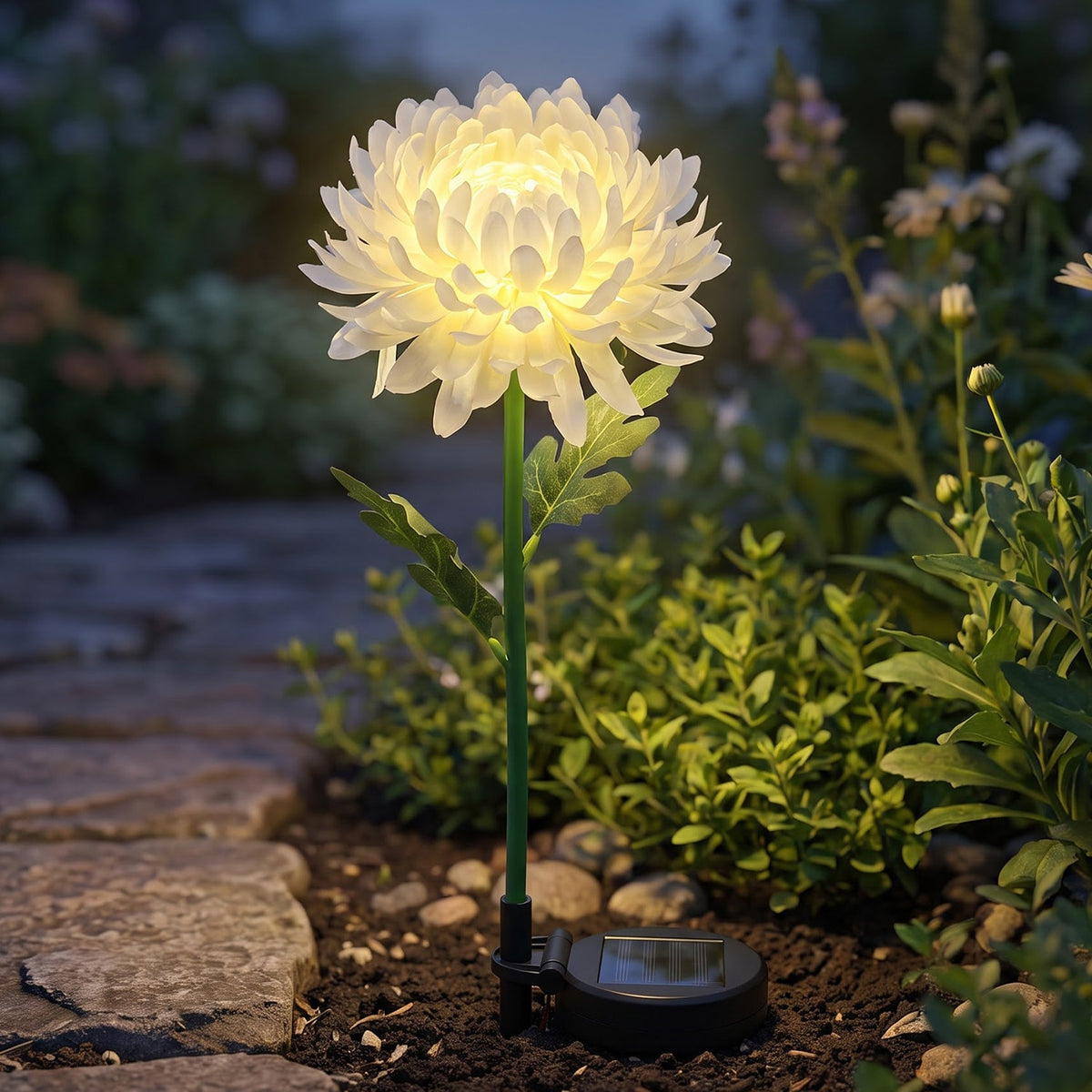 A white chrysanthemum flower solar stake light glowing brightly in a garden bed next to a stone pathway at dusk.