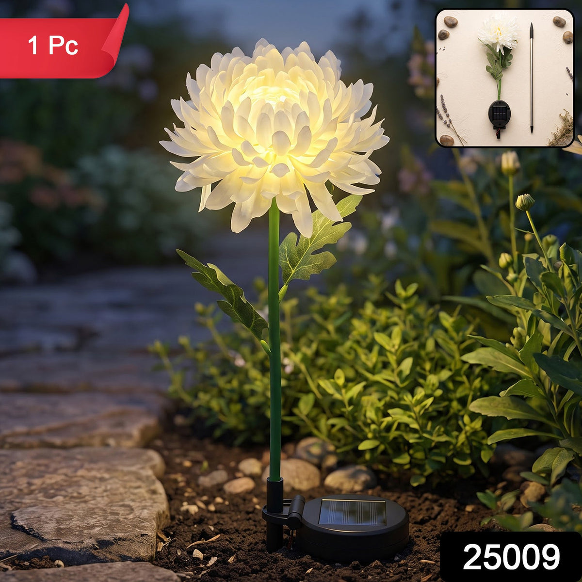 A white chrysanthemum flower solar stake light glowing brightly in a garden bed with a small inset showing the disassembled