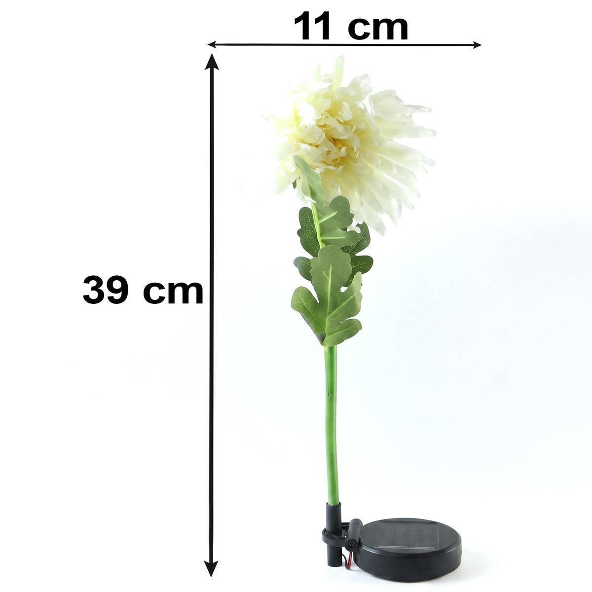 The white chrysanthemum flower solar stake light with its dimensions labeled: 39 cm total height and 11 cm flower width.