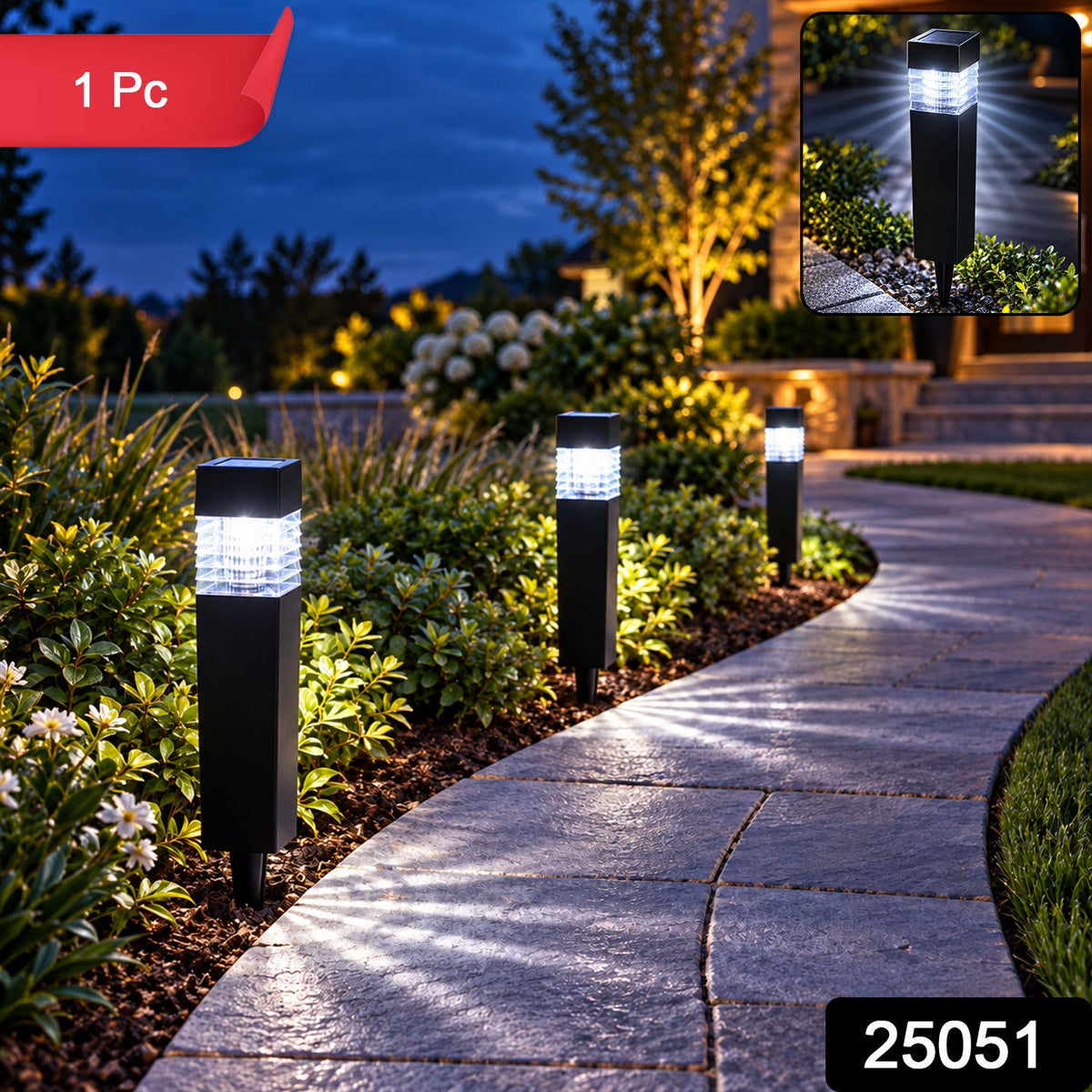 Three black solar lights illuminate a curved stone pathway next to green foliage at dusk, with an inset close-up of a single