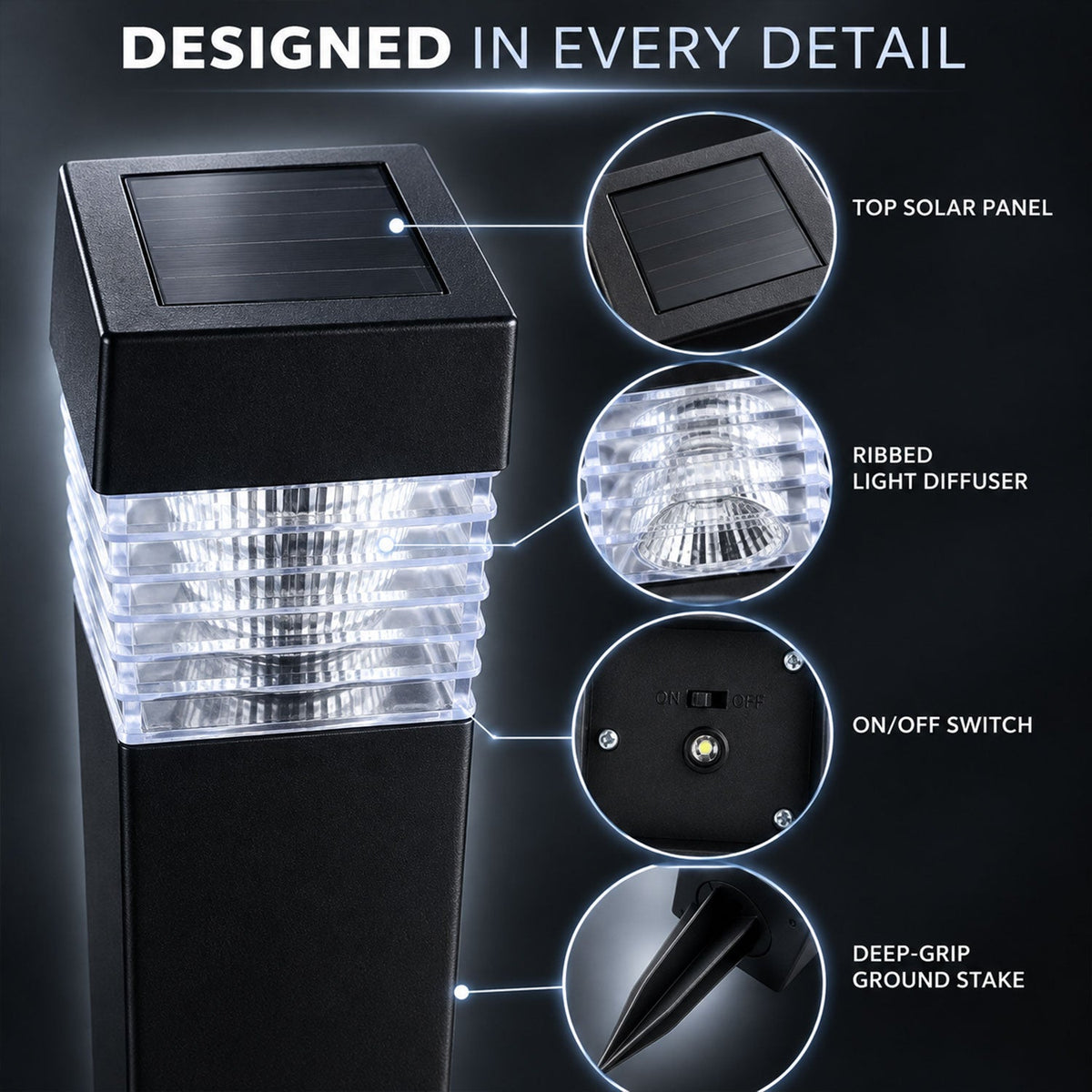 A close-up of the black solar light with callouts for its top solar panel, ribbed diffuser, on/off switch, and ground stake.