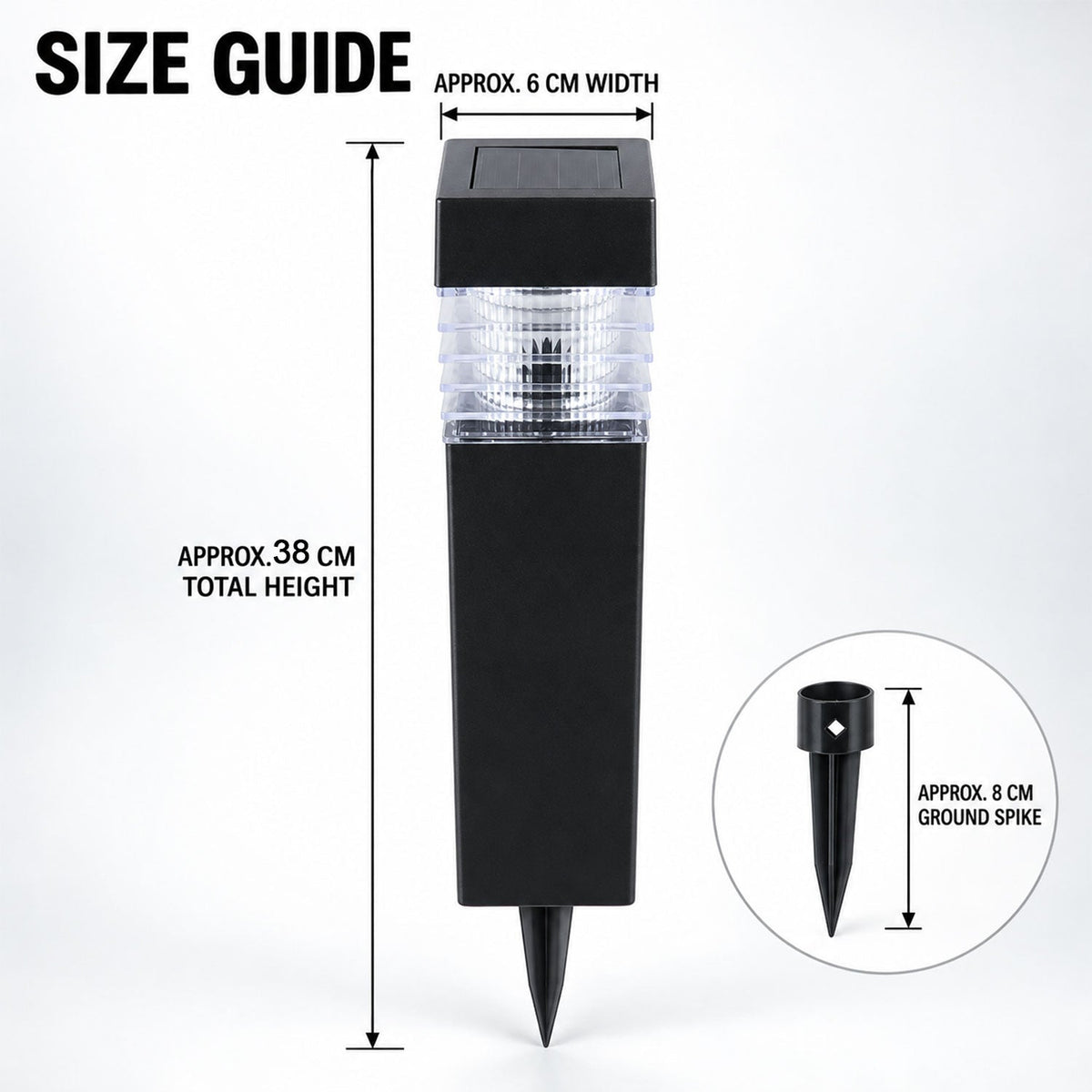 A black solar light with dimensions: 38 cm total height, 6 cm width, and an 8 cm ground spike.