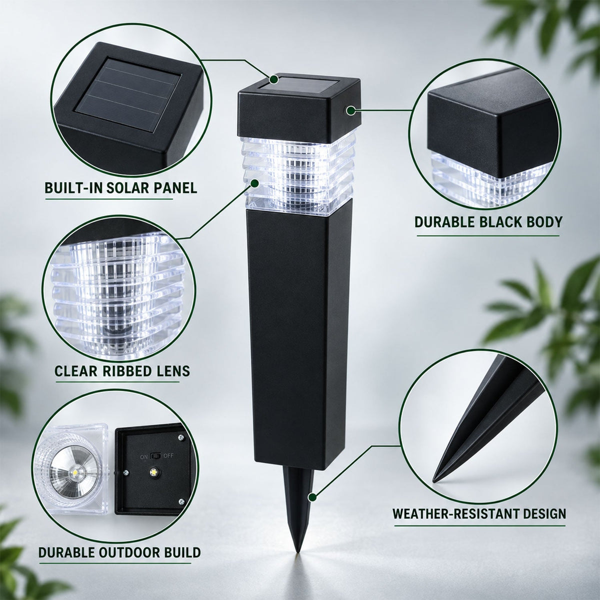 A black solar light with callouts highlighting its built-in solar panel, durable black body, clear ribbed lens, outdoor