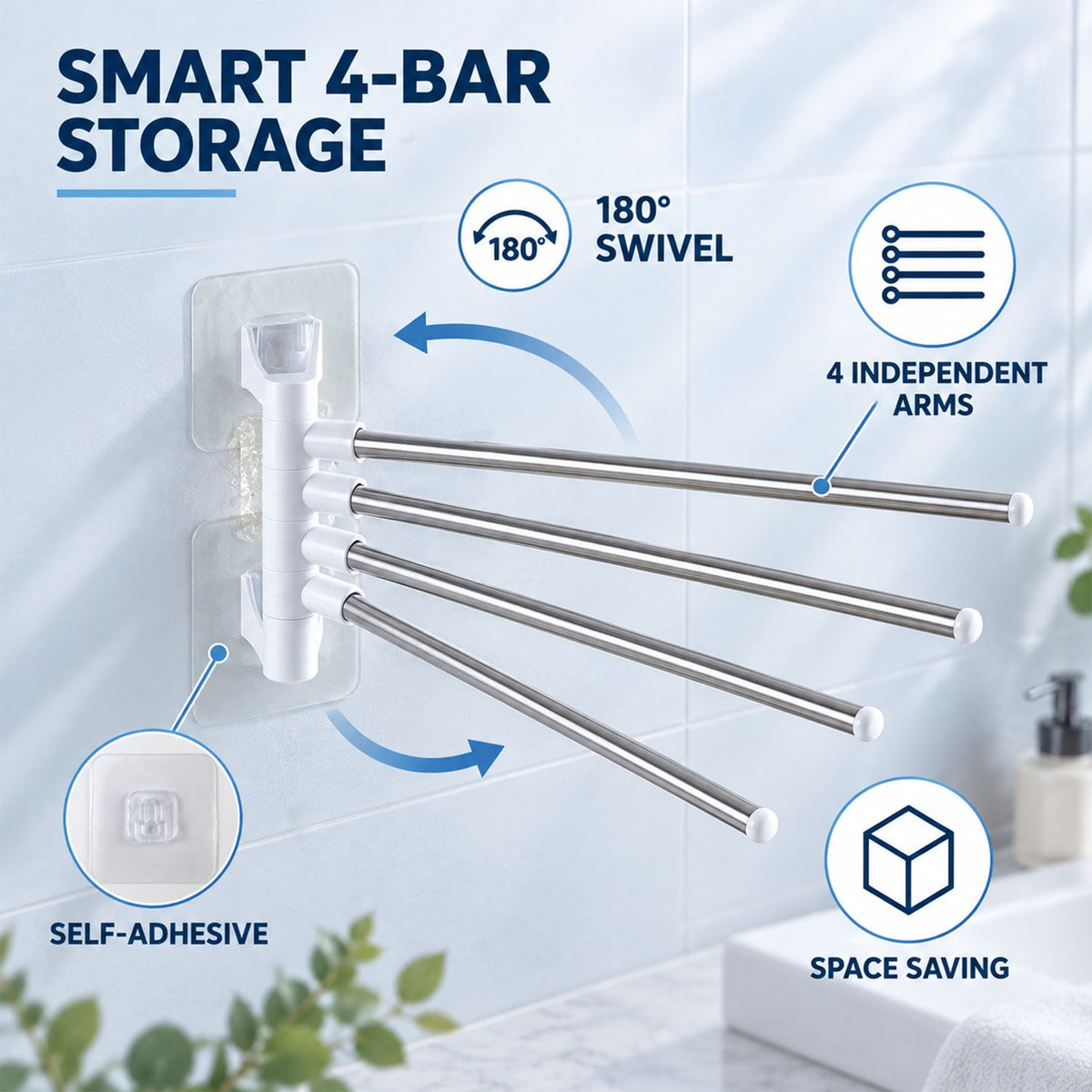 The towel rack is shown with arrows indicating 180-degree swivel and self-adhesive, space-saving features.