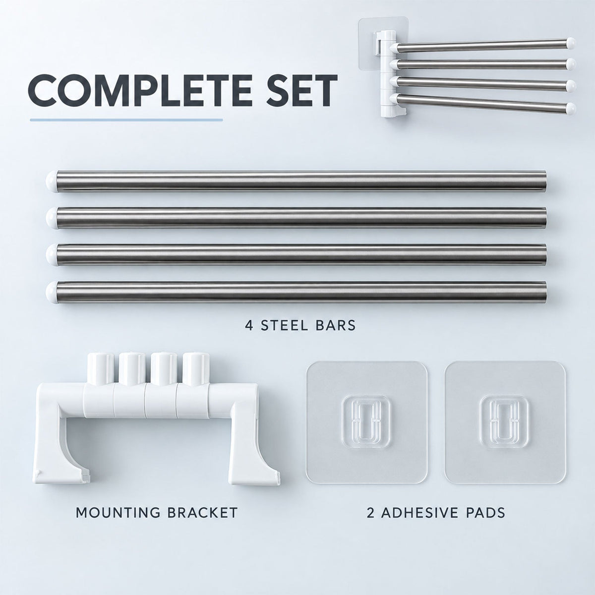 The complete set includes four steel bars, a white mounting bracket, and two clear adhesive pads.