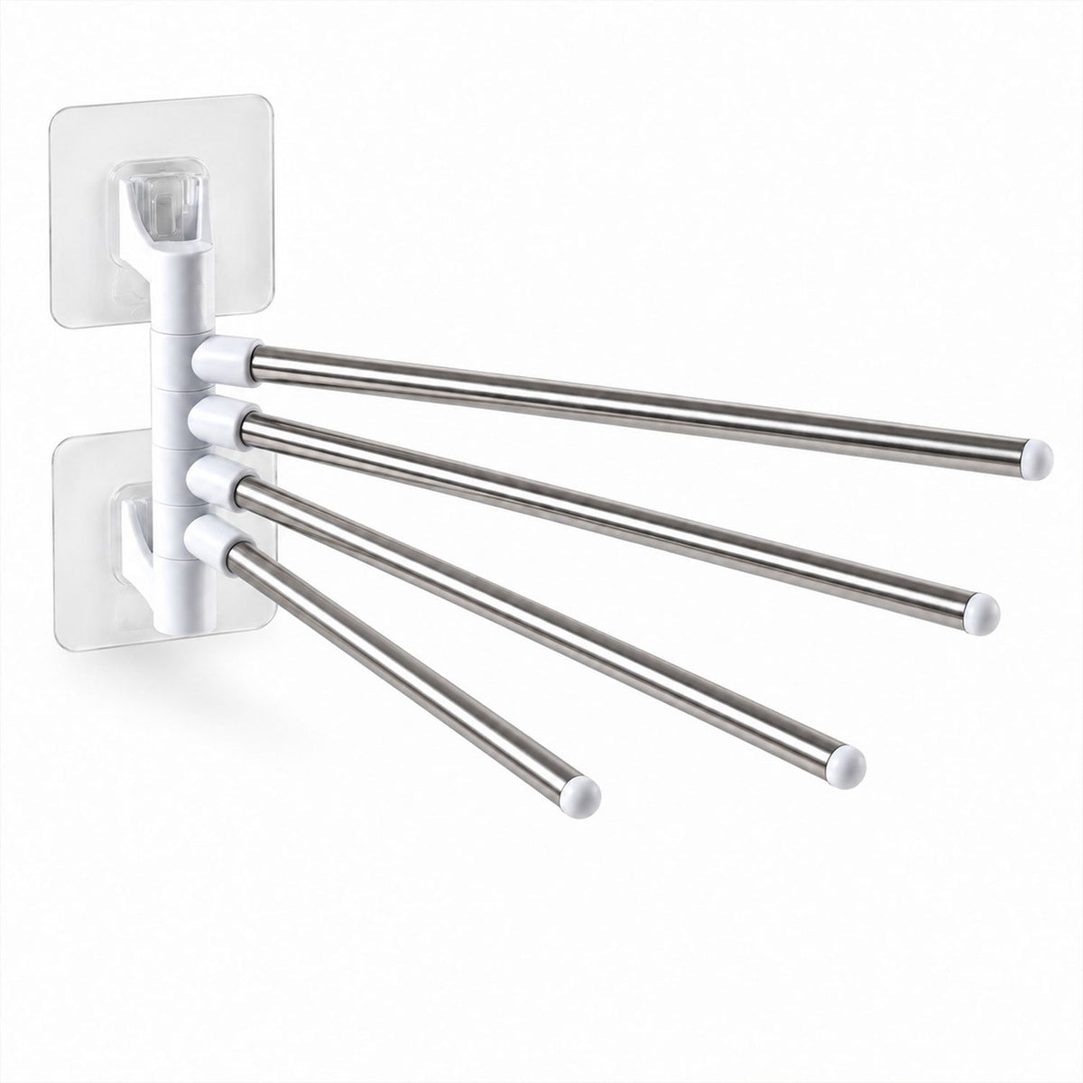 The white and silver four-bar towel rack is shown extended against a plain white background.