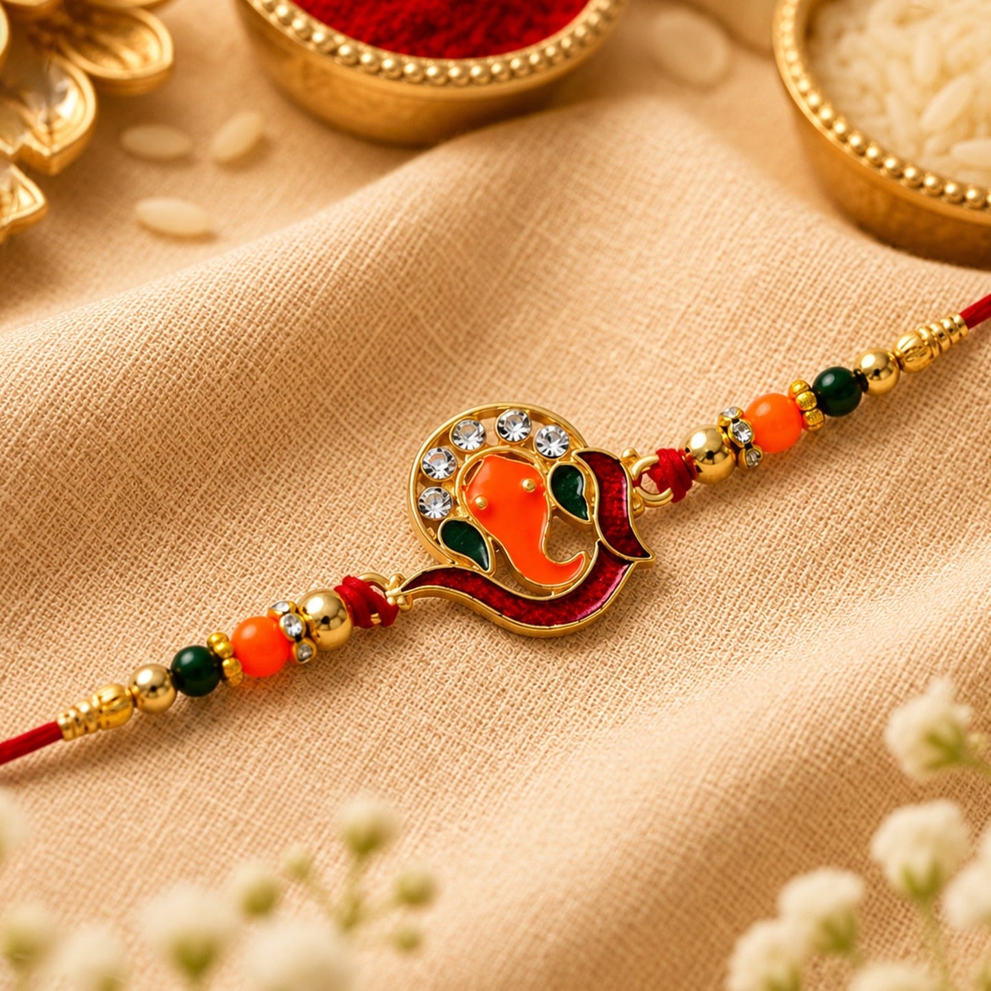 Golden Ganesha Rakhi featuring red and green beads with stylish stone detailing