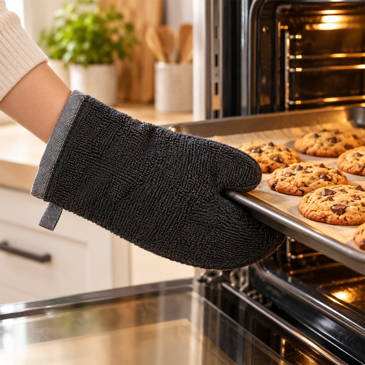 Black textured oven hand glove - main display