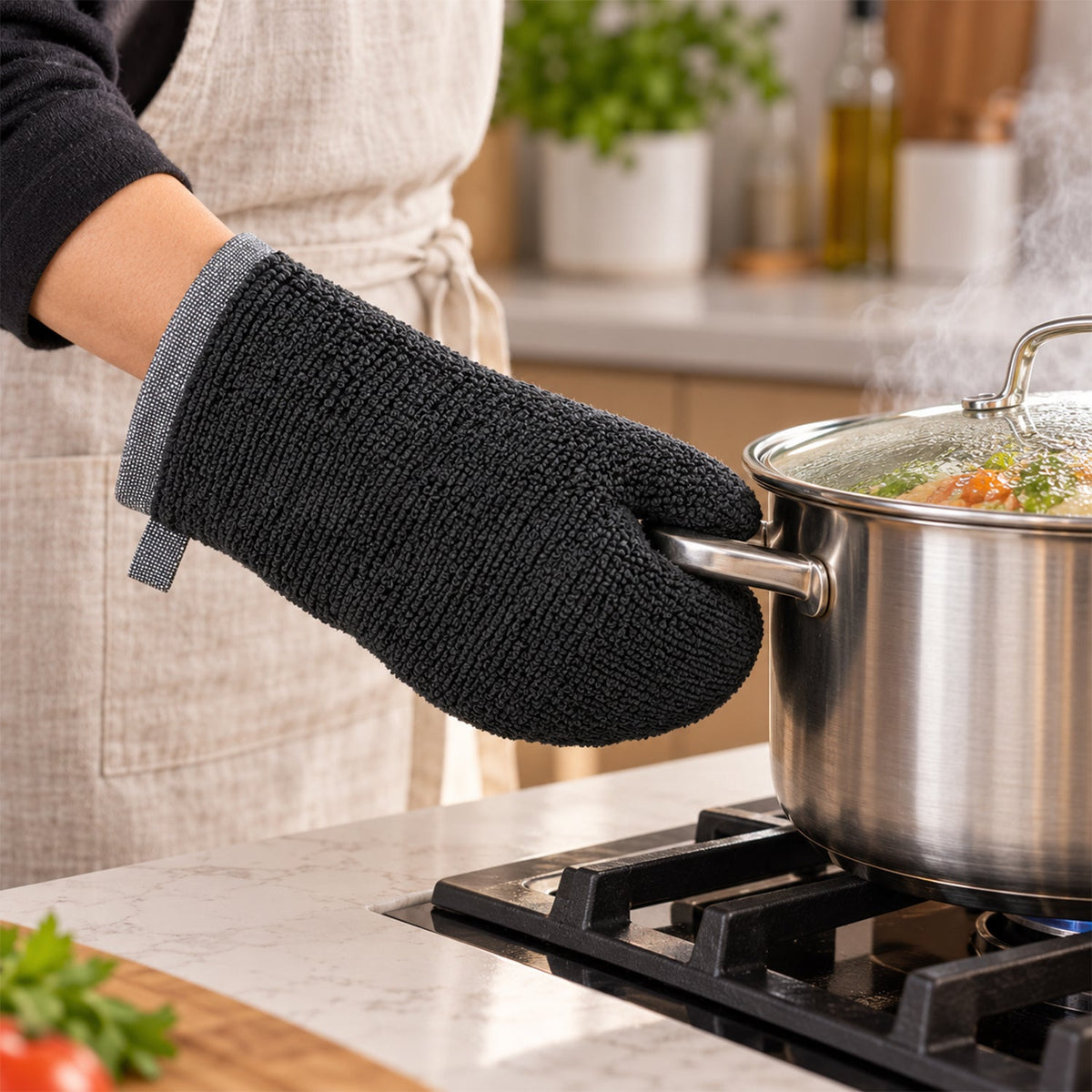 Black textured oven hand glove - cookware handling