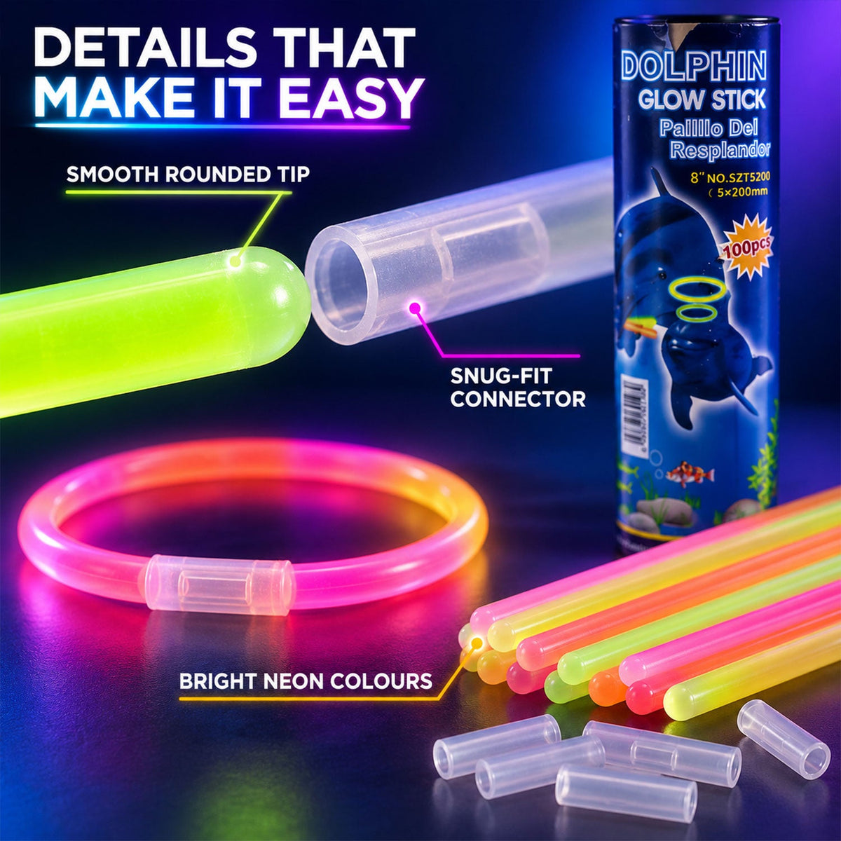 Multicolour party glow stick bracelets - close-up details