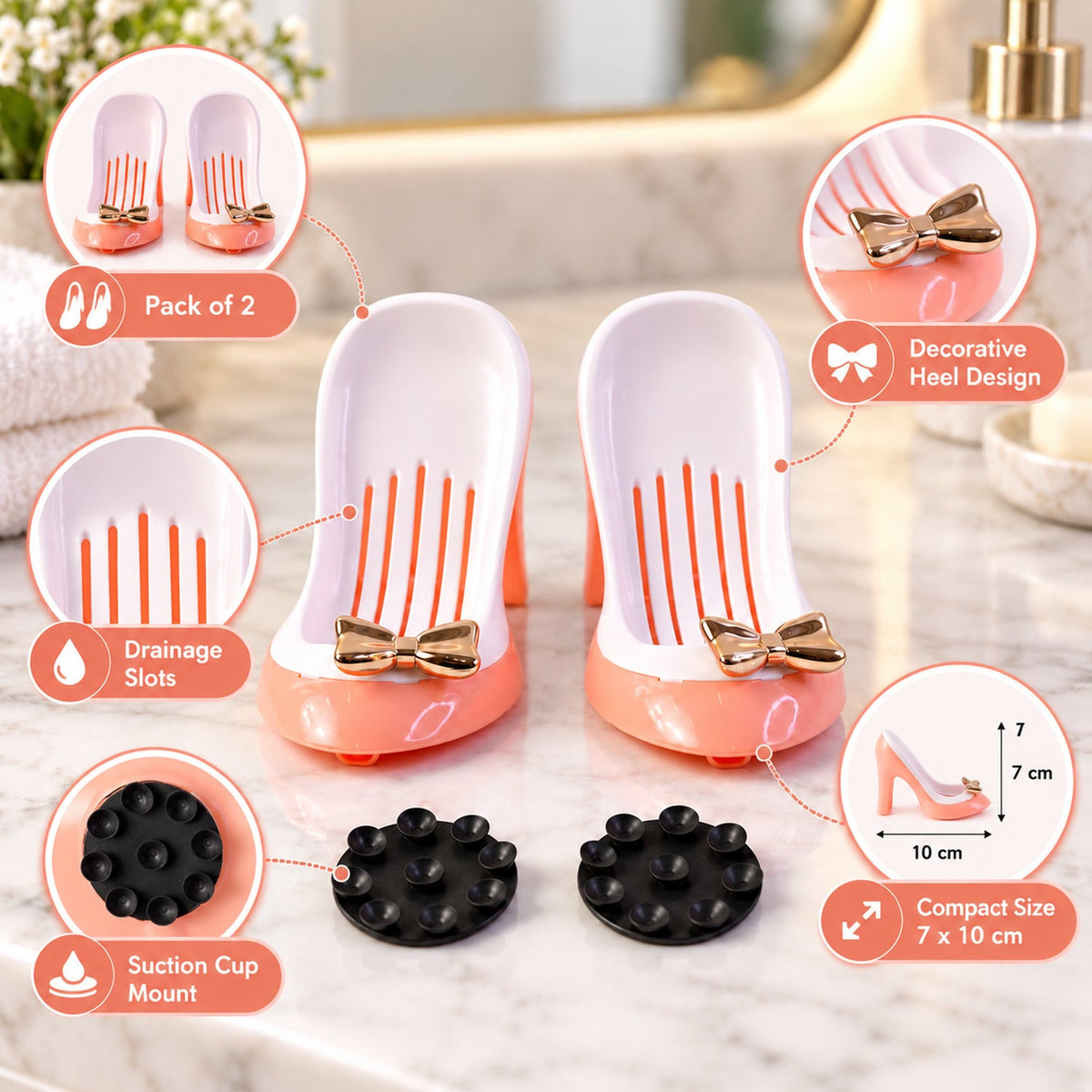 Shoe shaped soap holder set - drainage and suction features