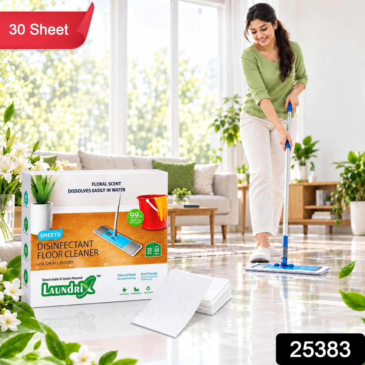 A woman mops a shiny floor in a bright living room, with a box of cleaner sheets and white sheets in the foreground. – view 2