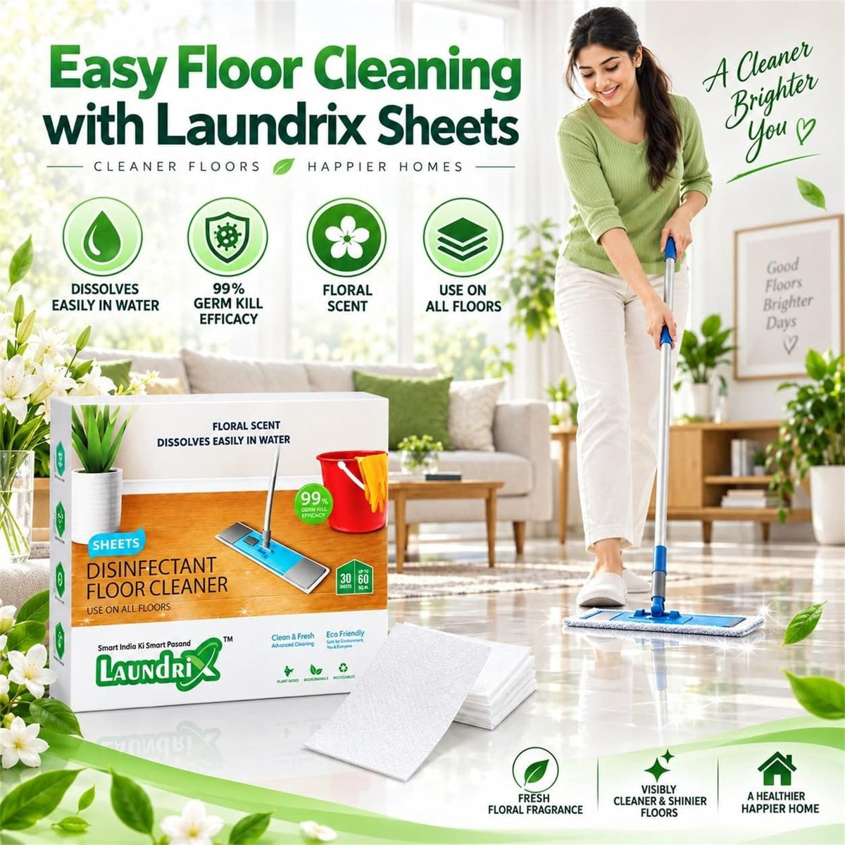 A woman mops a shiny floor in a bright living room, with a box of cleaner sheets and white sheets in the foreground. – view 9