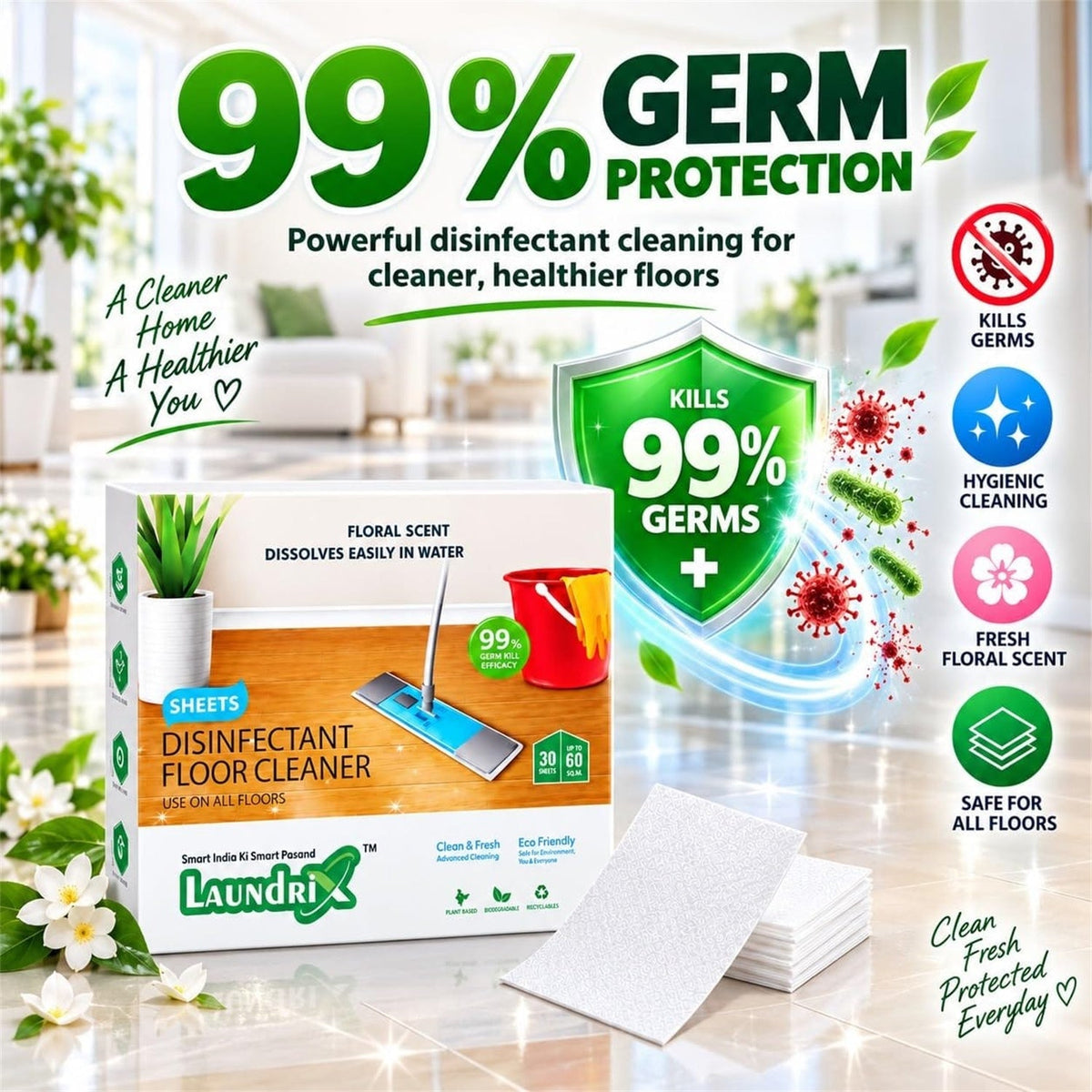 A box of disinfectant floor cleaner sheets with white sheets, and a shield graphic indicating 99% germ protection.
