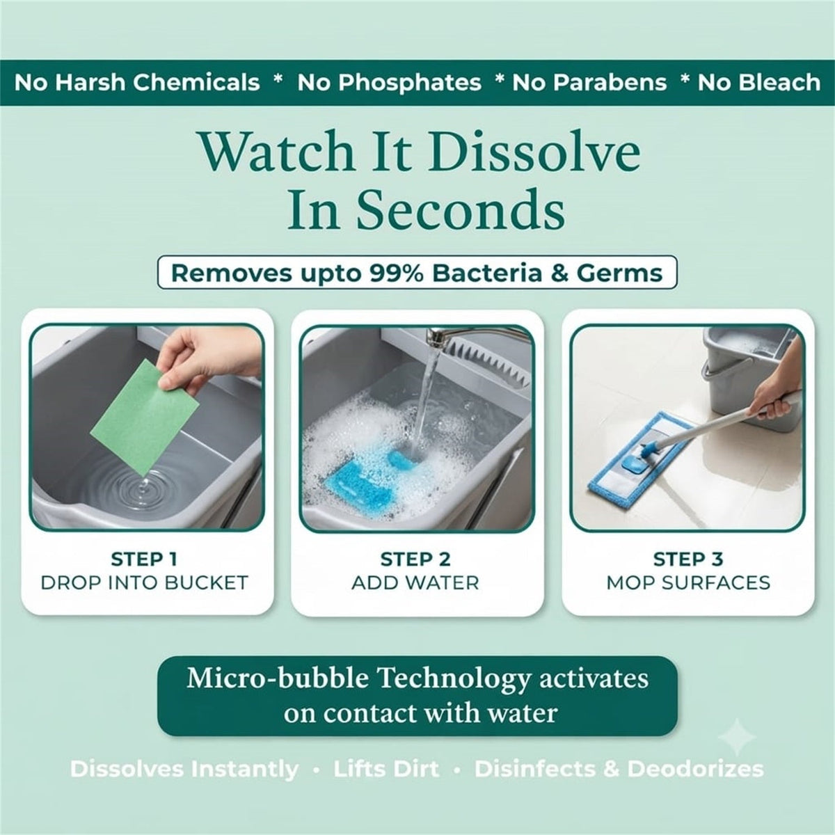 Three square images show a green sheet dropped into a bucket, then dissolving in water, and finally a mop cleaning a floor.