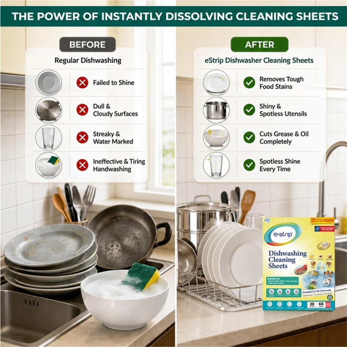 A split image showing dirty dishes on the left and sparkling clean dishes with the cleaning sheet box on the right.