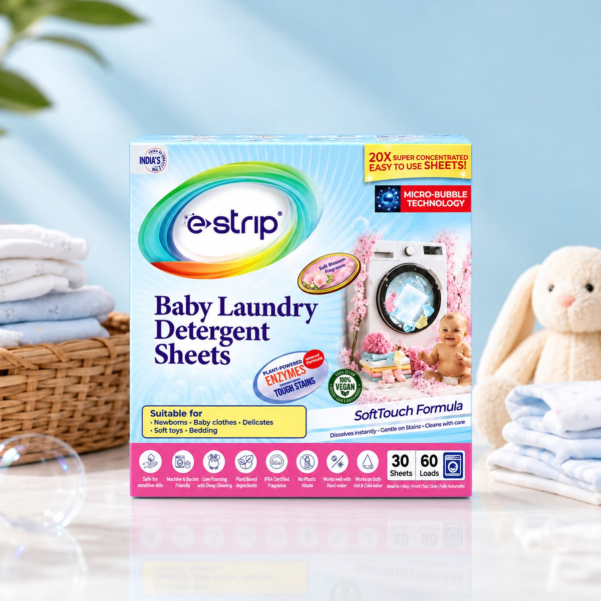 Baby laundry detergent sheets in a box with a single sheet shown