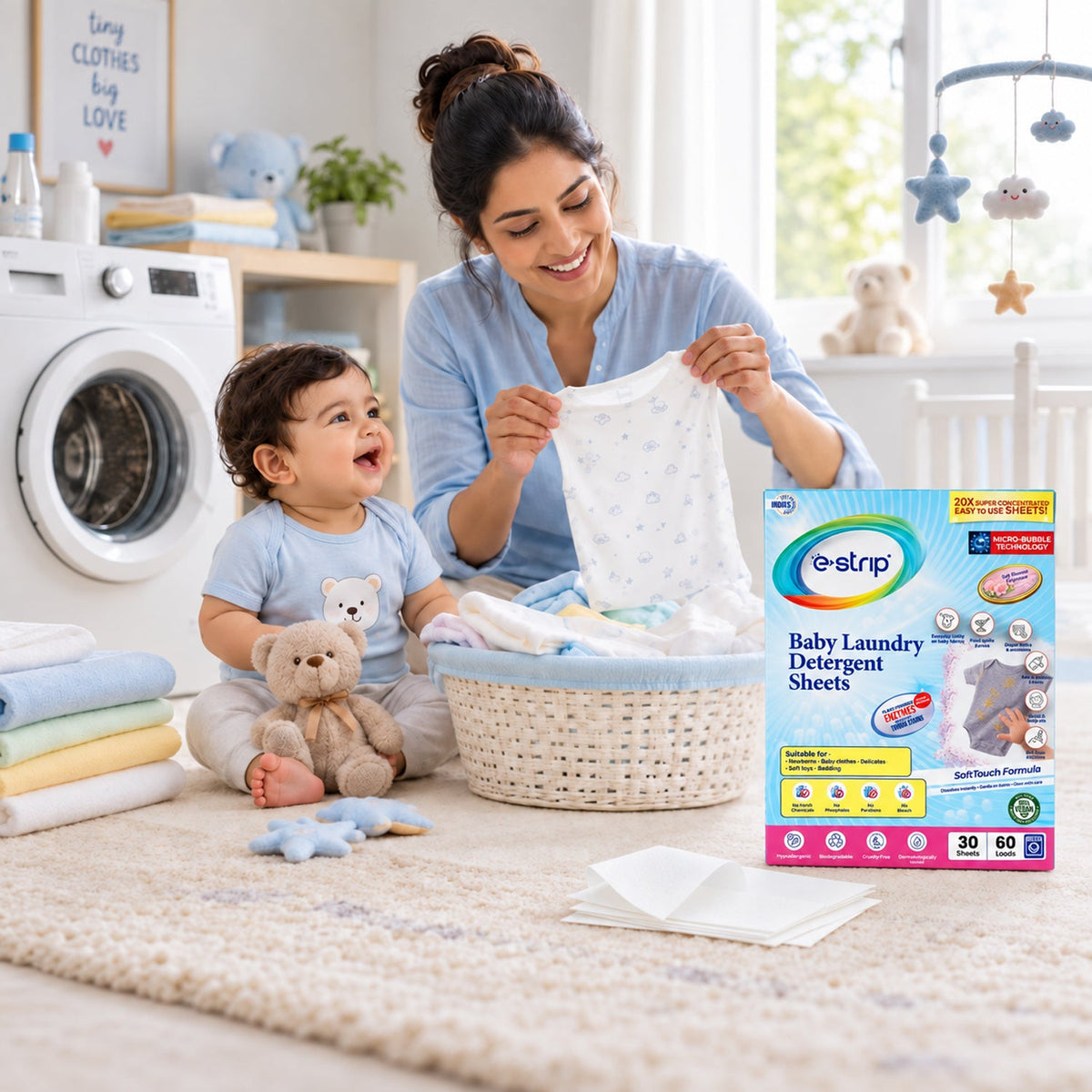 Baby laundry detergent sheets pack on a plain white background