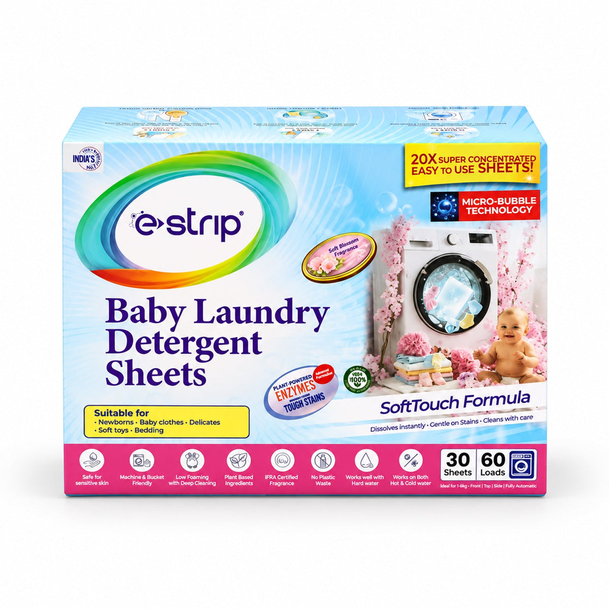 Baby laundry detergent sheets packaging design with cartoon baby clothes