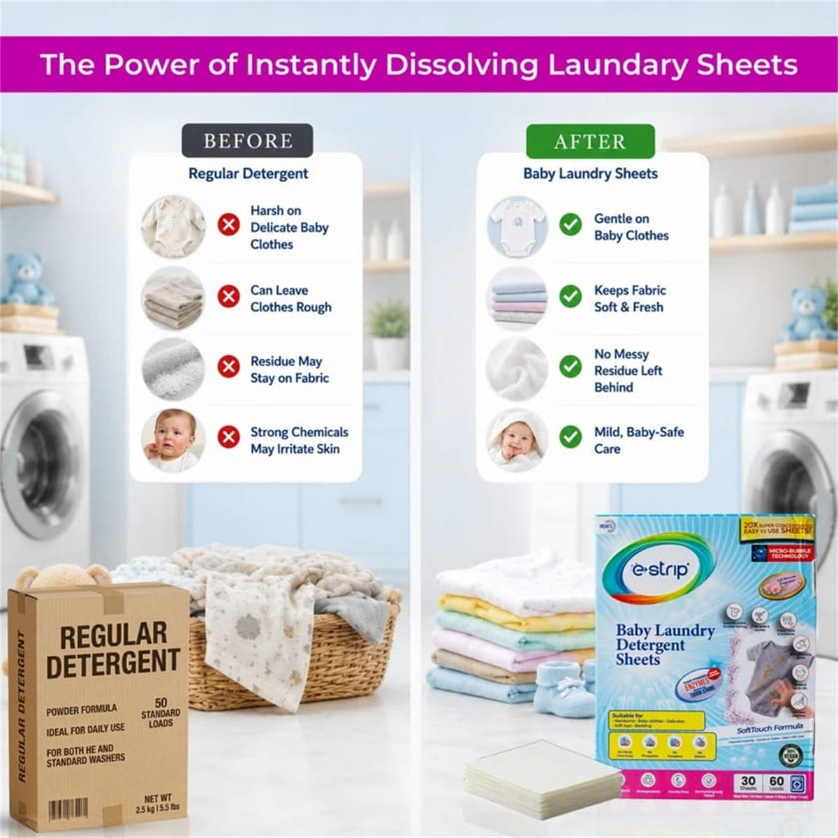 Features of baby laundry detergent sheets highlighted on packaging