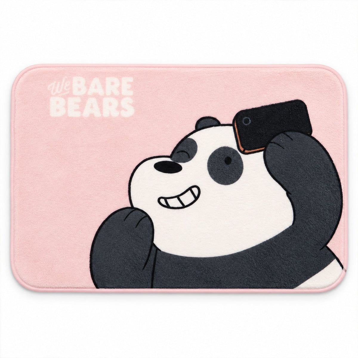 A rectangular pink mat with a cartoon panda winking and taking a selfie, with