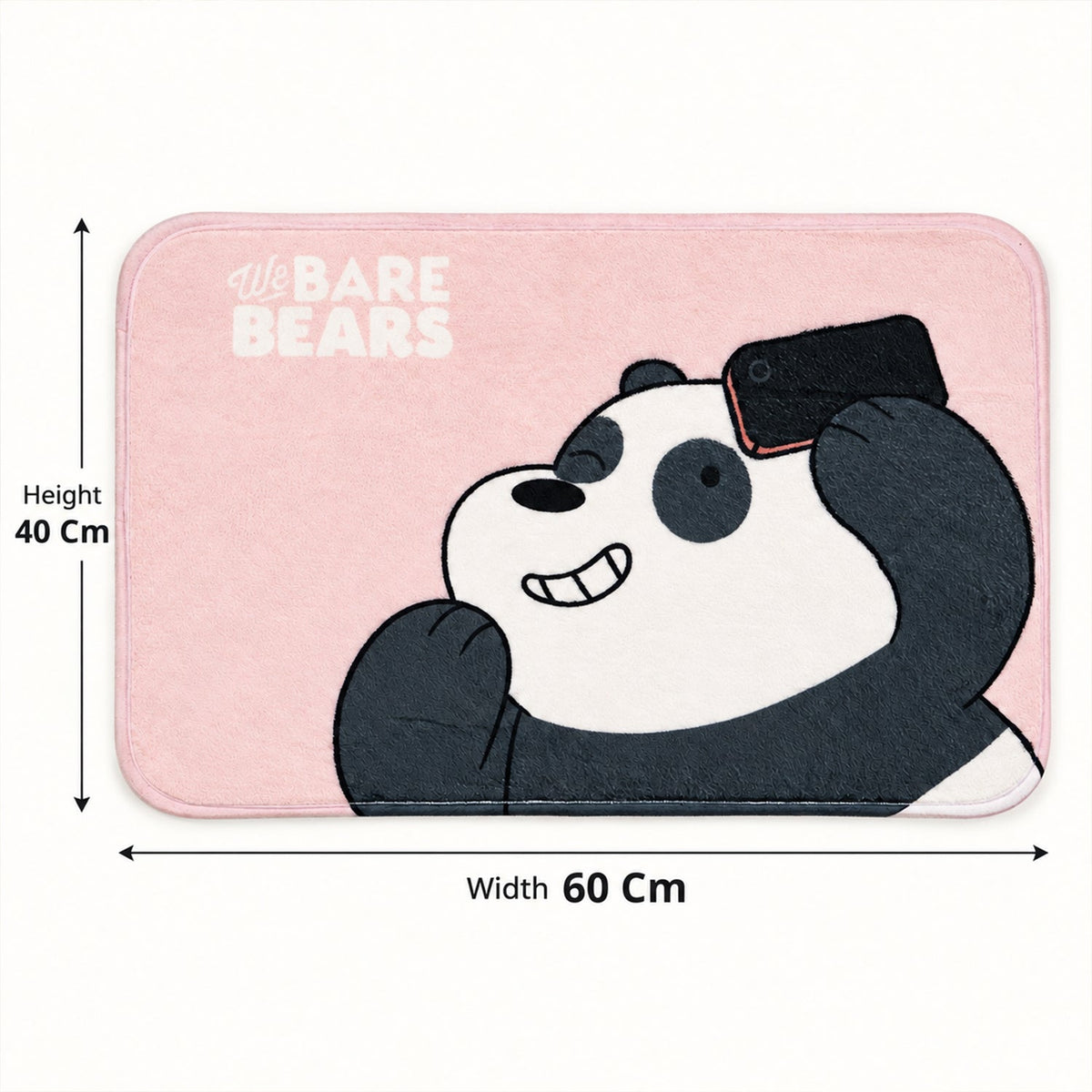 A pink rectangular mat with a cartoon panda taking a selfie, showing dimensions of 40 cm height and 60 cm width.