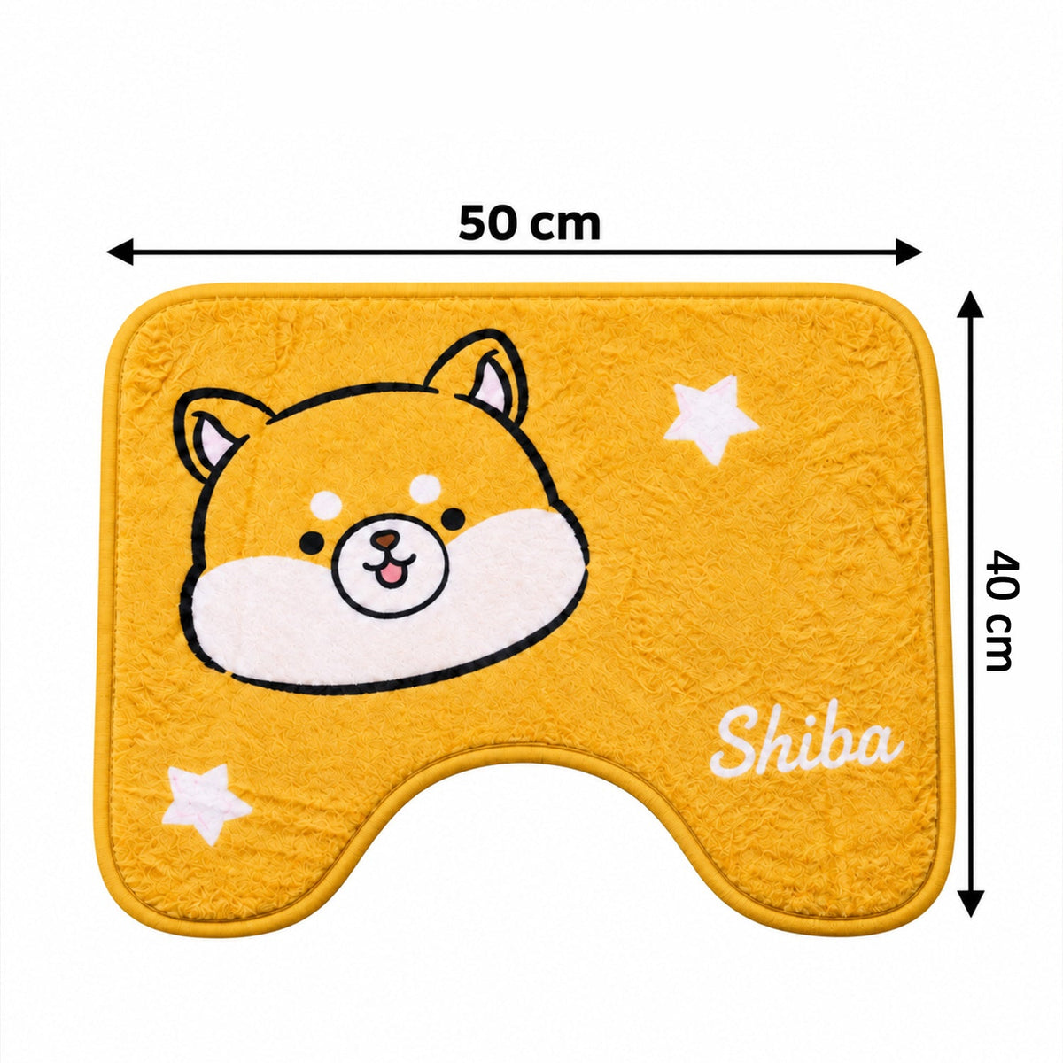 A yellow U-shaped toilet mat with a Shiba Inu design, displaying dimensions of 50 cm width and 40 cm length.
