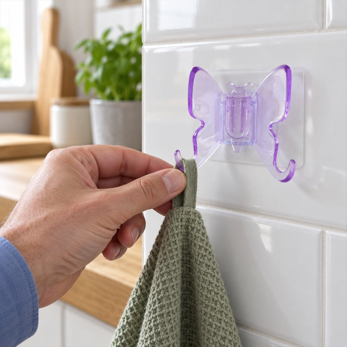 A hand hanging a green textured towel on a purple butterfly wall hook in a modern kitchen setting.