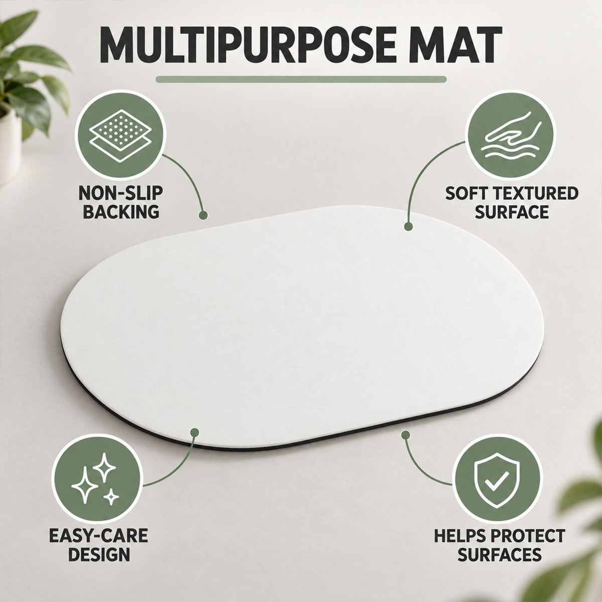 An oval white mat on a light surface, highlighting its non-slip backing, soft textured surface, and easy care.
