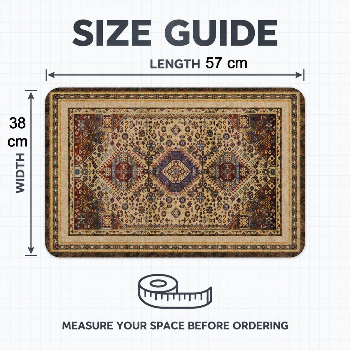 A diagram illustrating the mat's dimensions: 57 cm length and 38 cm width, with a measuring tape icon.