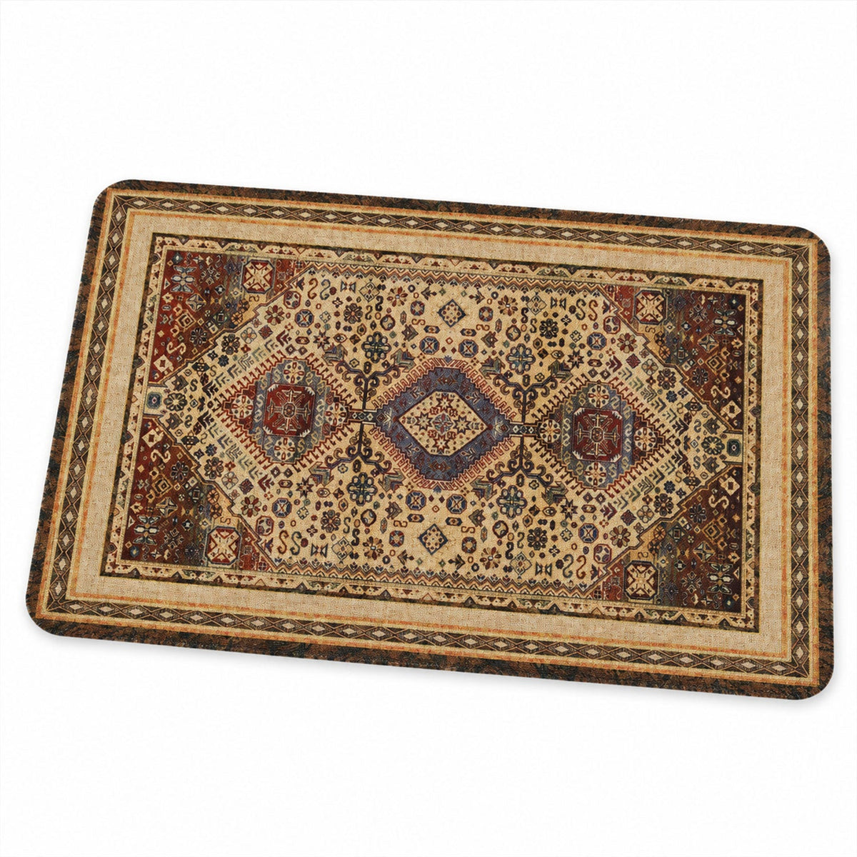 An overhead, slightly angled view of the rectangular floor mat, showcasing its intricate, colorful pattern.