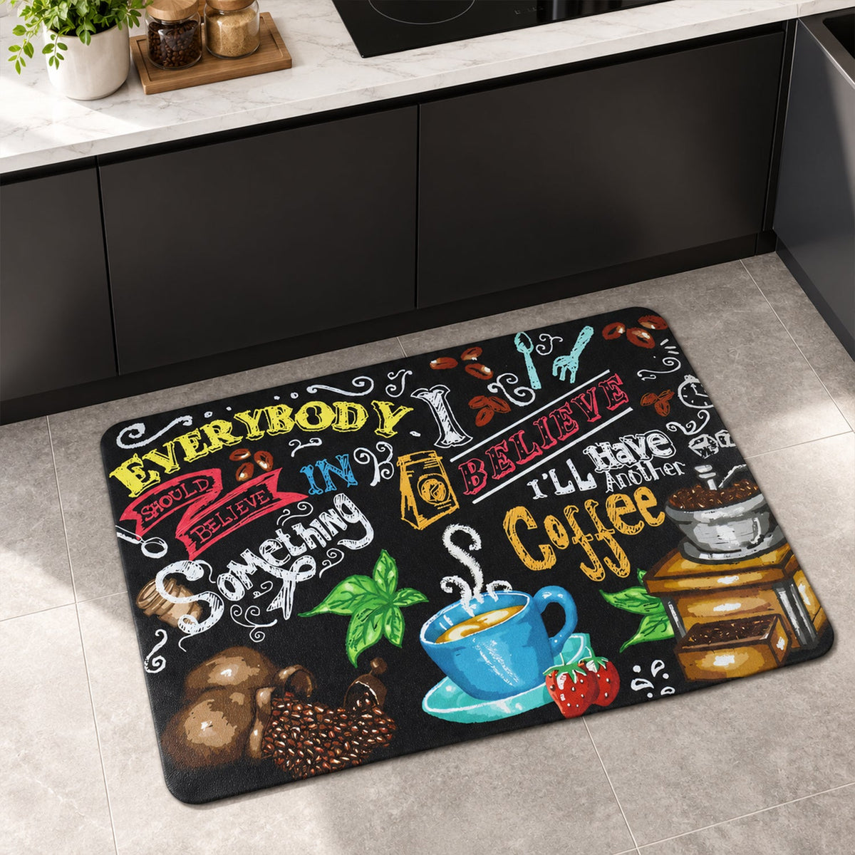 Rectangular black kitchen mat with colorful coffee-themed illustrations and text on a tiled floor.