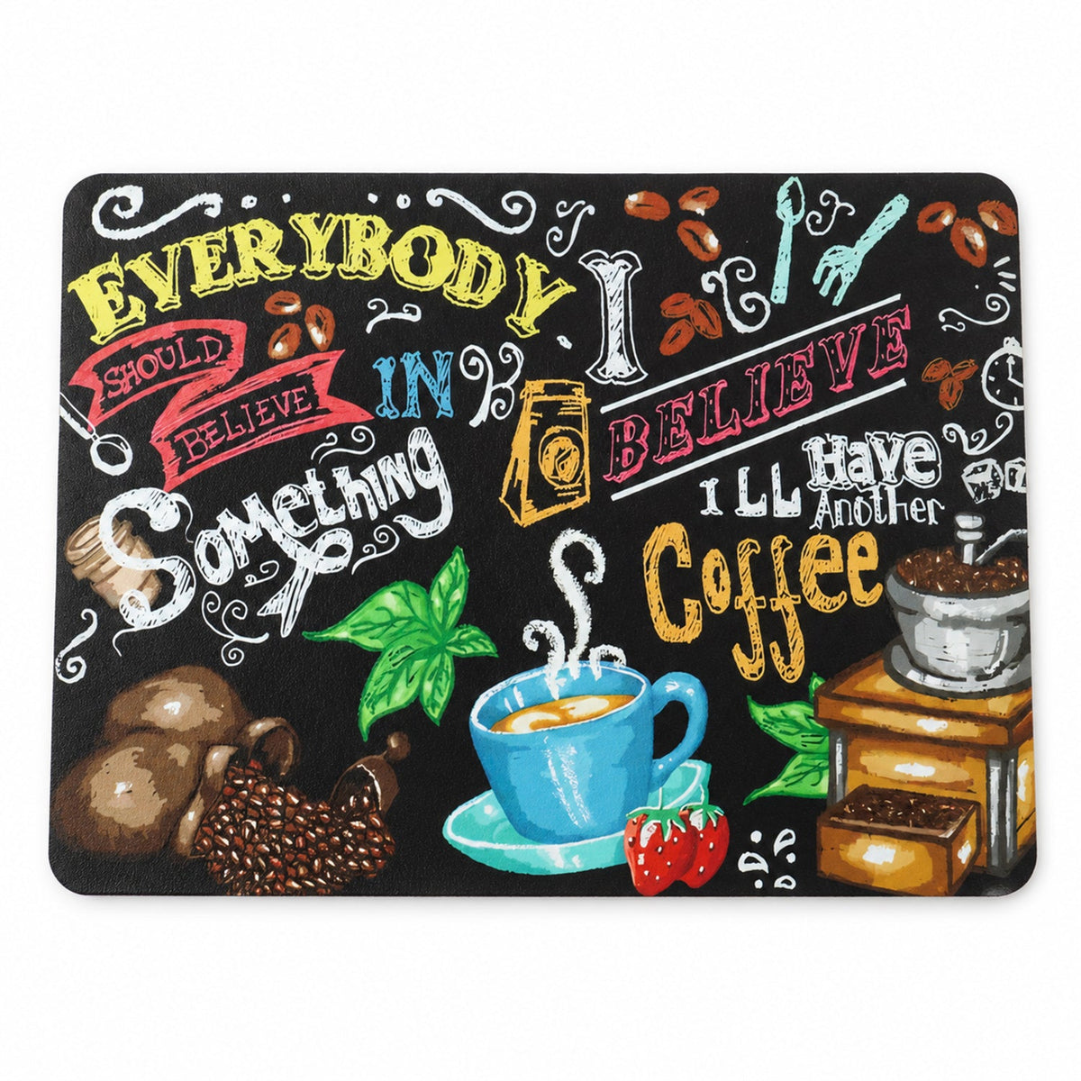 Close-up of the rectangular black mat featuring various coffee-related drawings and phrases in bright colors.