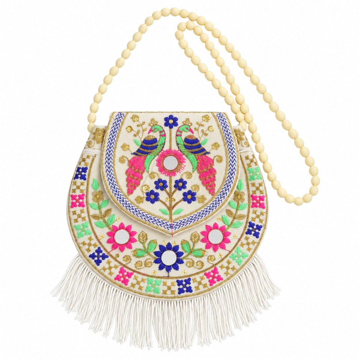 Traditional twin peacock embroidered fringe sling purse - product view 04