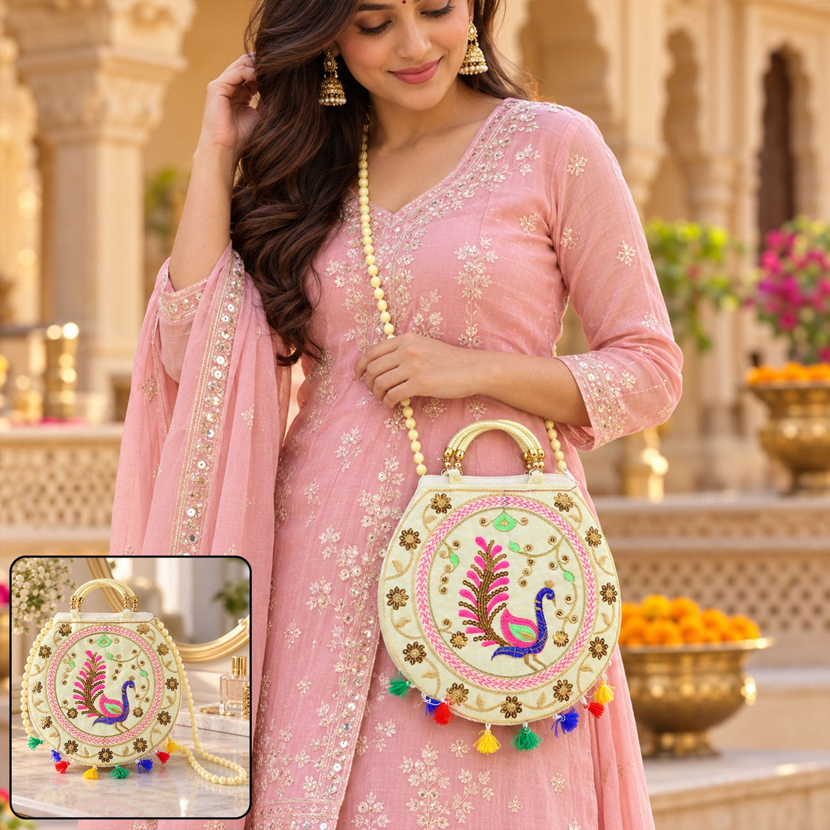 Traditional peacock embroidered jute sling purse