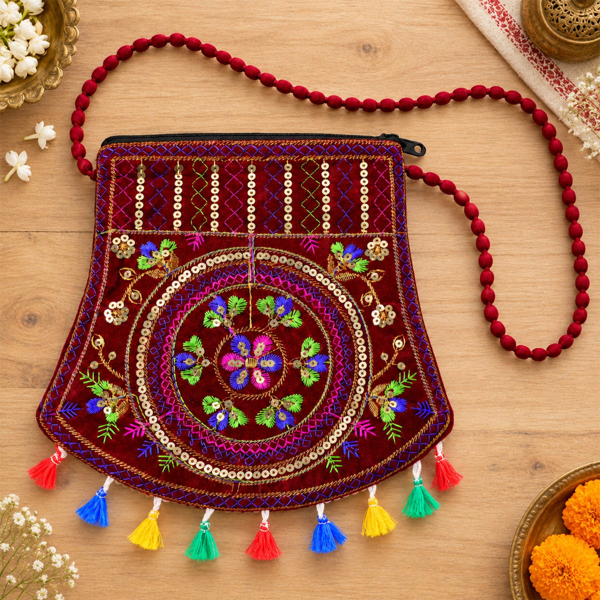 Ethnic velvet tassel purse women