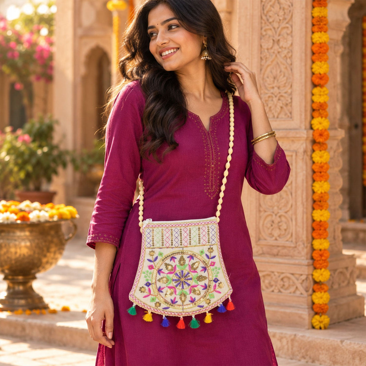 Traditional floral embroidered jute sling purse