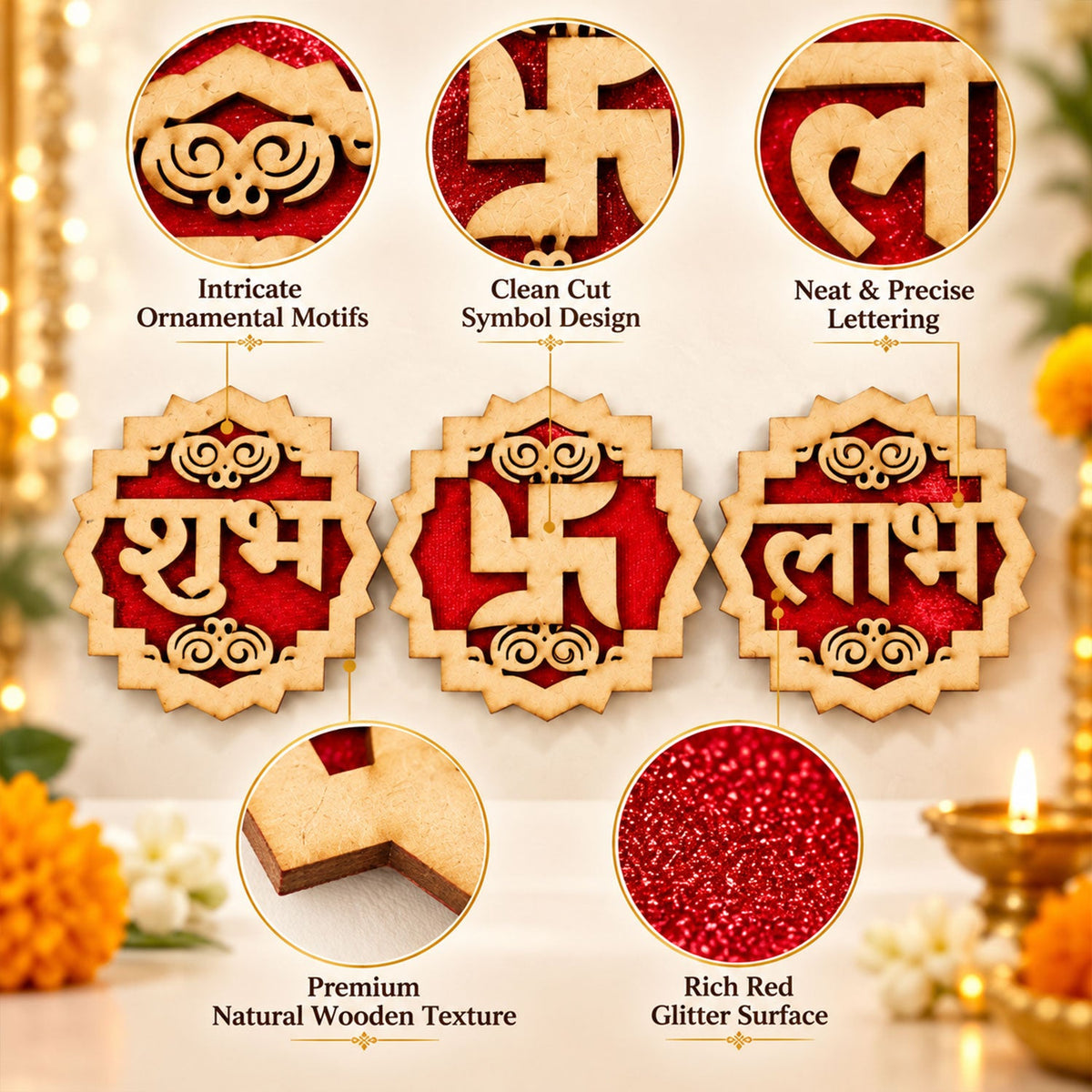 Close-up view of the three wooden Shubh Labh Swastik decorations, highlighting their intricate design and glitter surface.