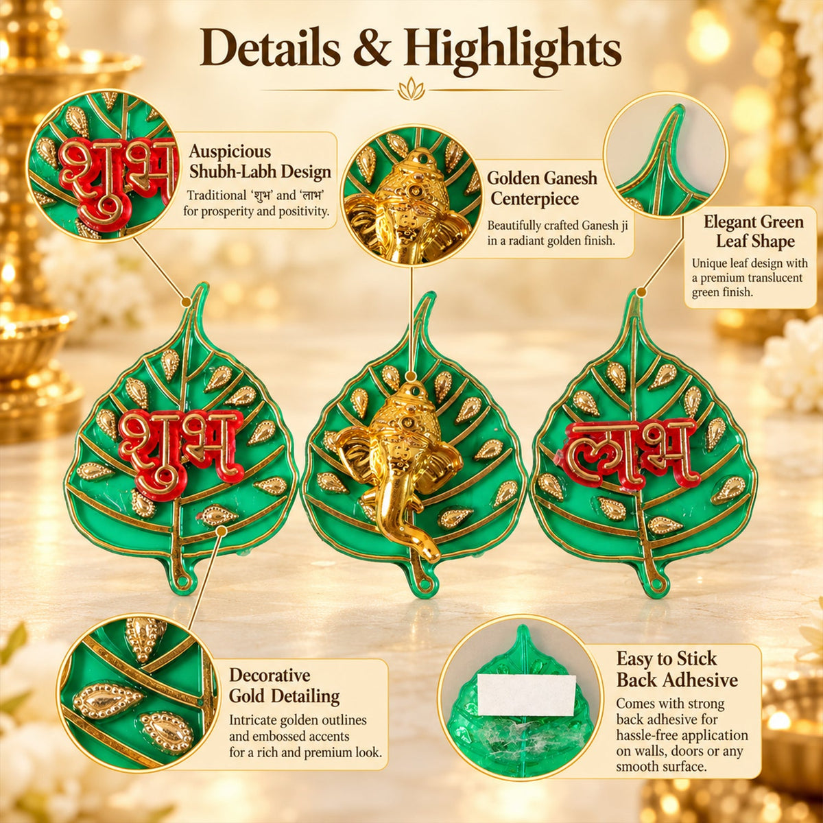 Shubh Labh Ganesh decorative pieces arranged on a green surface