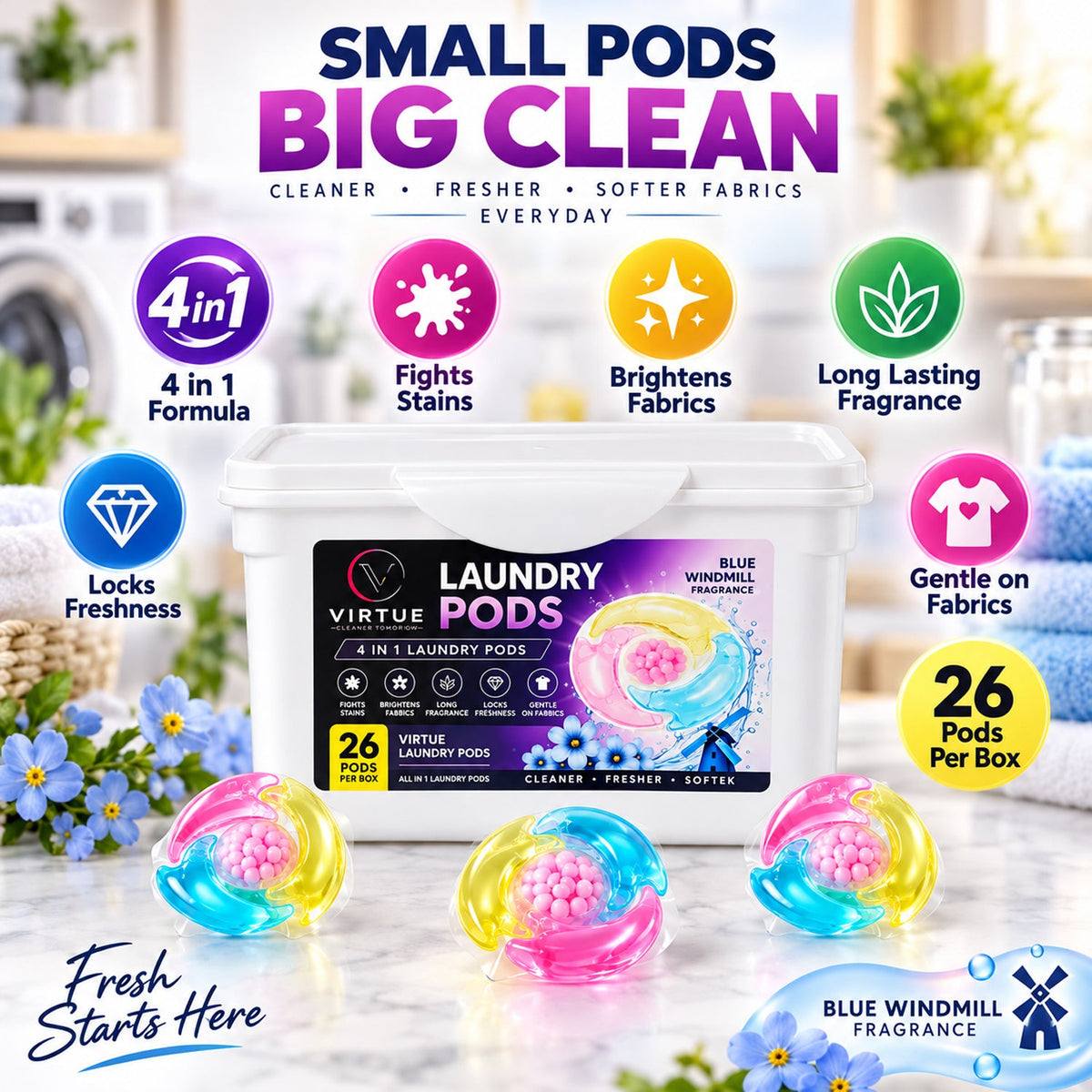 A white container of laundry pods sits on a counter, surrounded by six individual pods and descriptive text bubbles.