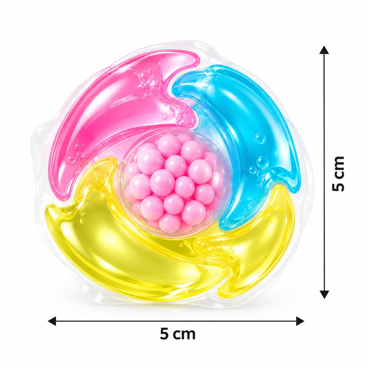 A single pink, blue, and yellow laundry pod with pink beads in the center is shown with 5 cm dimension arrows.