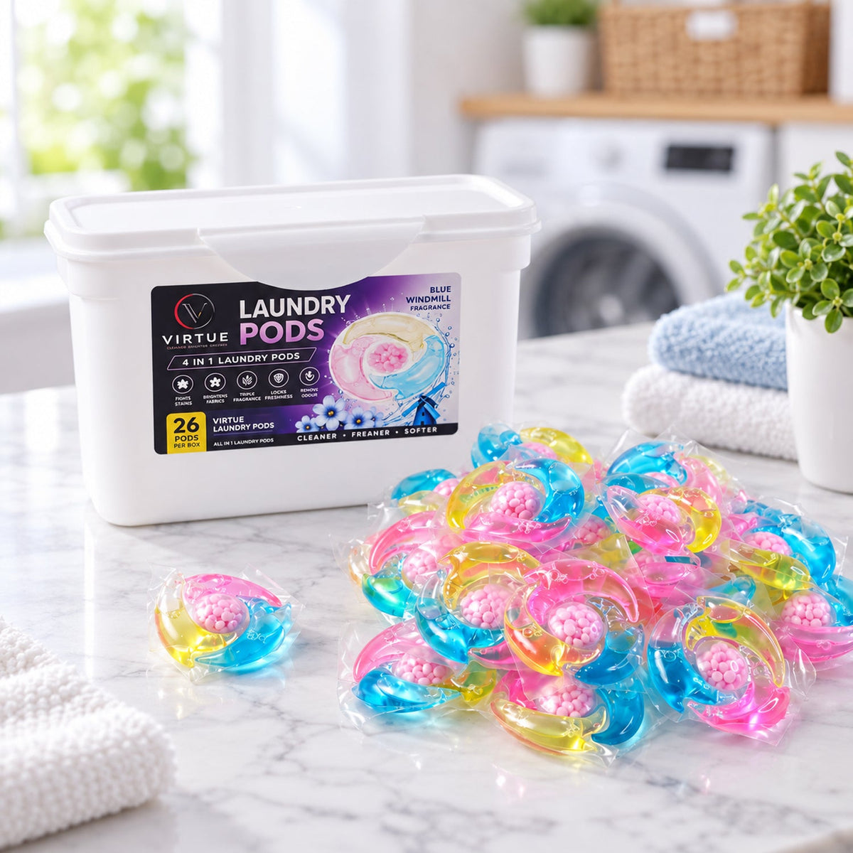 A white container and a large group of colorful laundry pods are arranged on a marble surface near a washing machine.