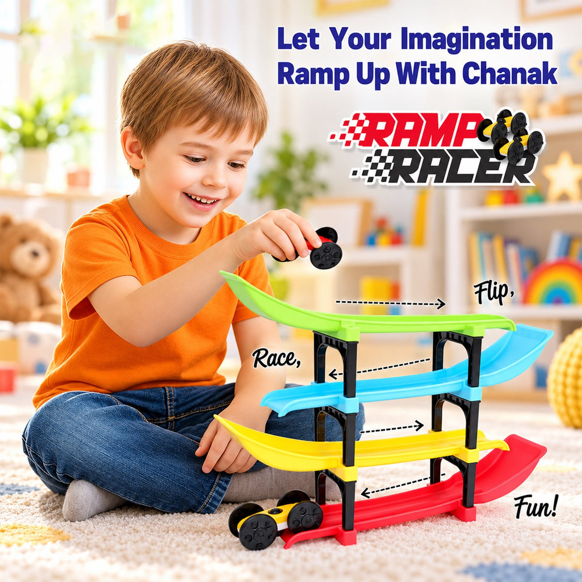 A young boy smiling while placing a car on the top green ramp of a colorful ramp racer toy on a patterned rug.