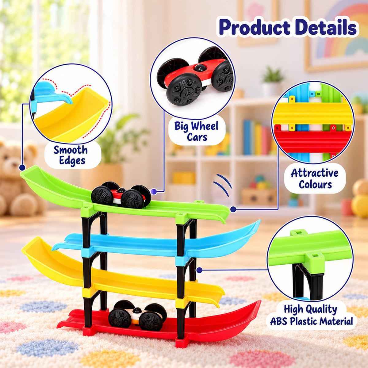 The colorful ramp racer toy with two cars, highlighting features like smooth edges, big wheels, and high-quality plastic.