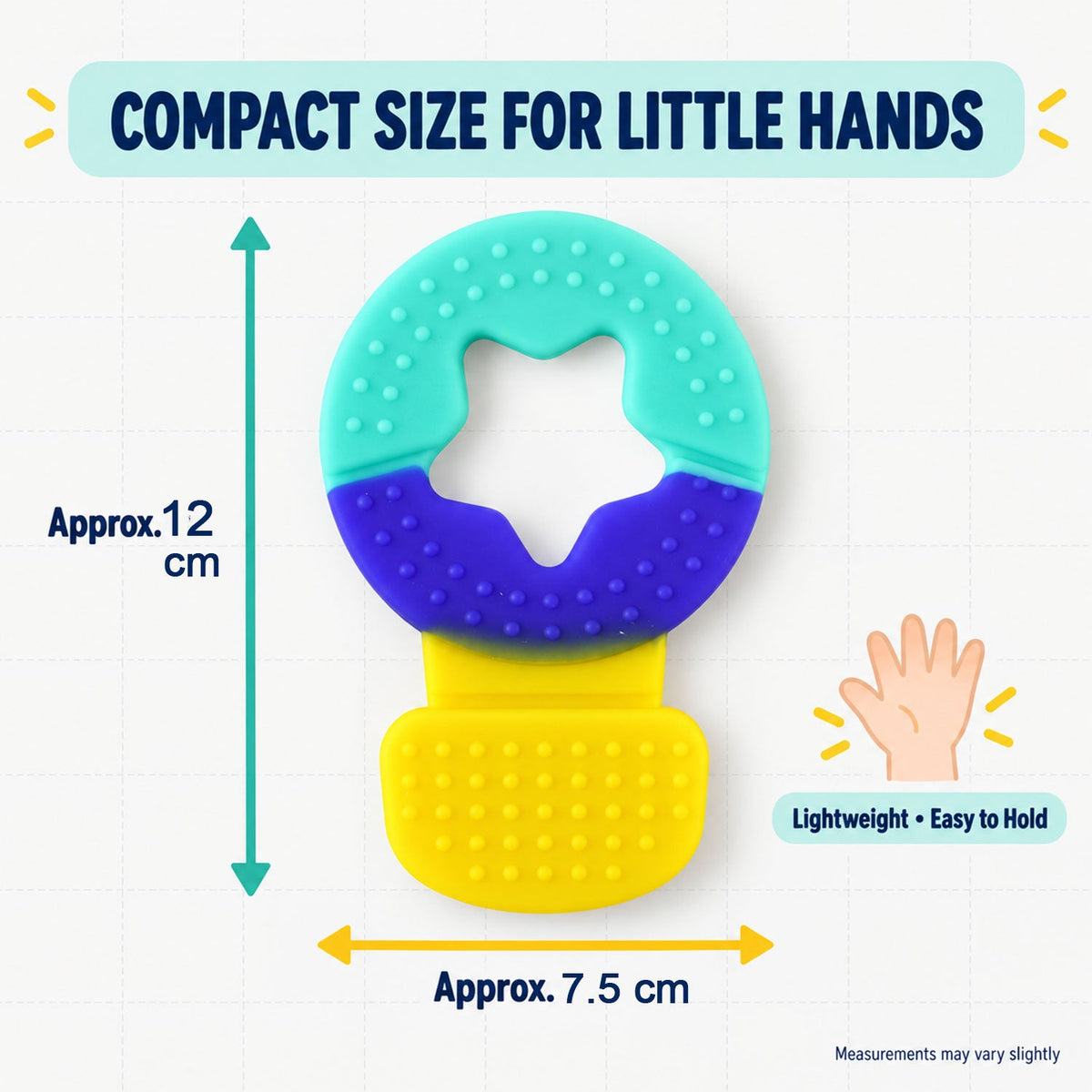 A graphic displays the teether's approximate dimensions: 12 cm length and 7.5 cm width, emphasizing its compact size.