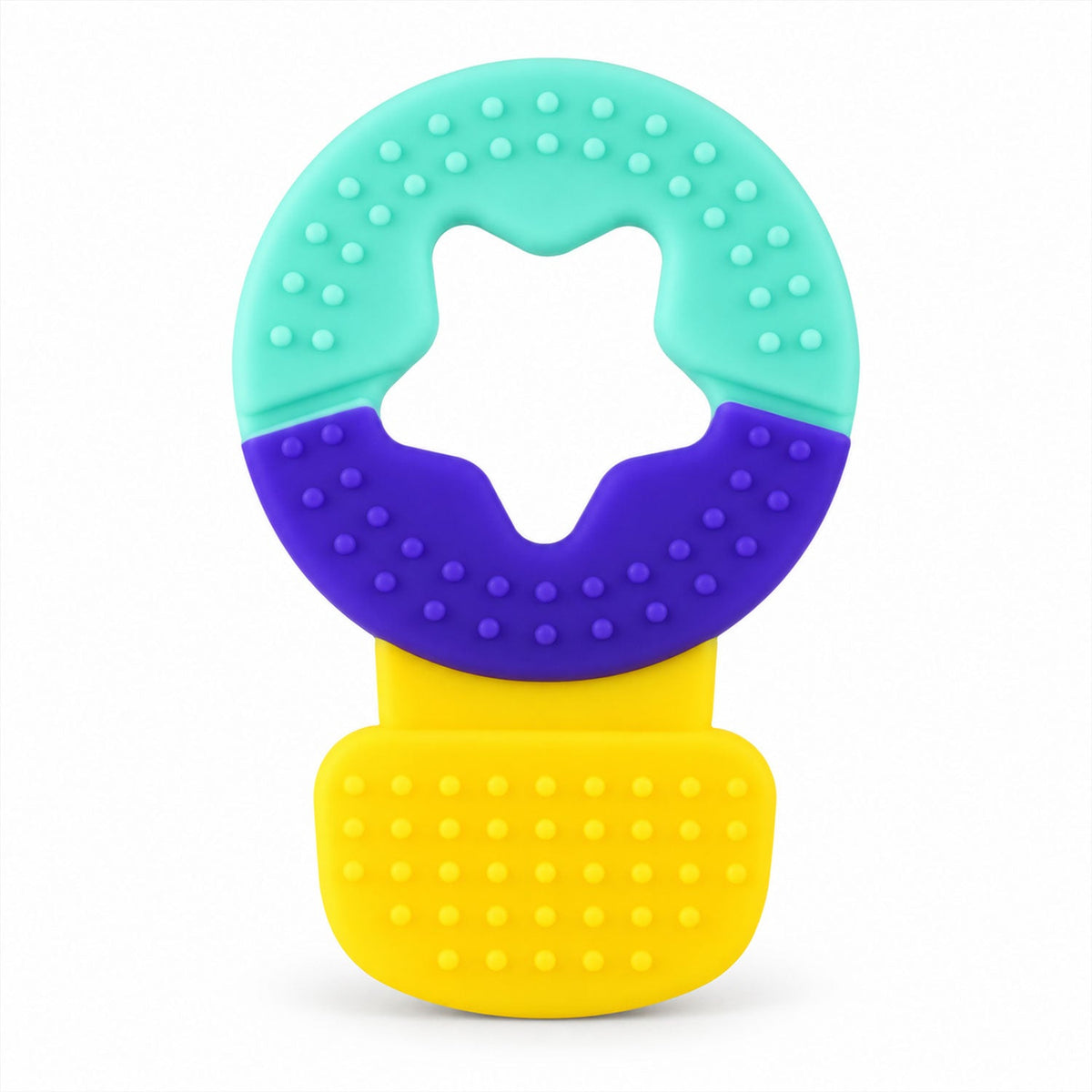 A vibrant blue, purple, and yellow silicone teether with a star cutout and textured surfaces is displayed on a white