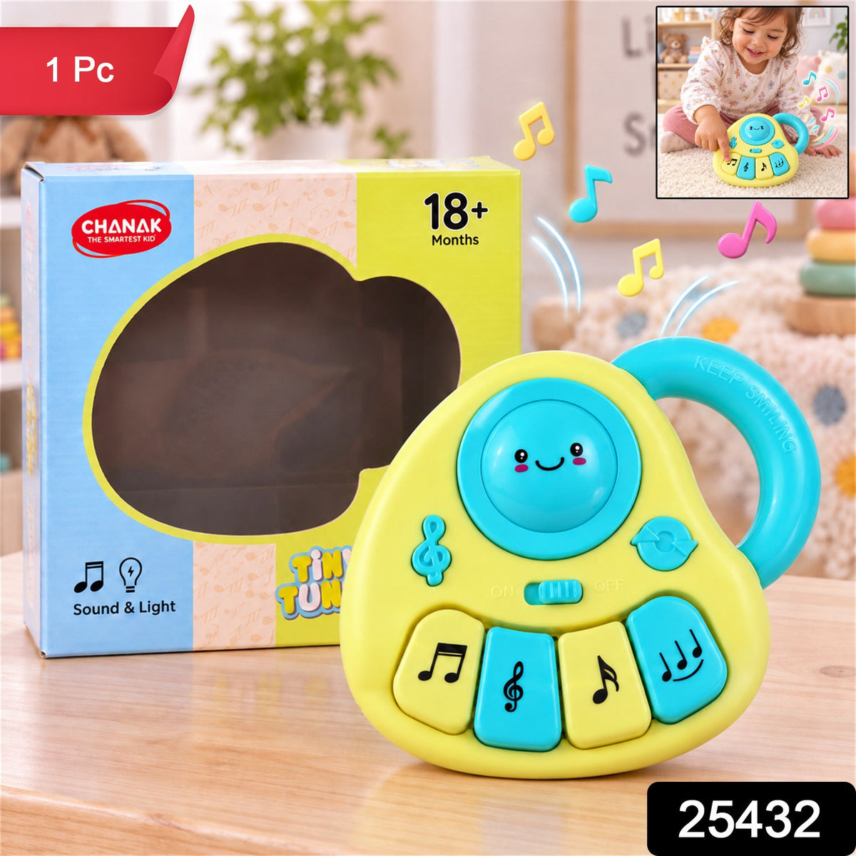 Yellow and blue musical toy with its packaging, with a small inset image of a child playing with it.