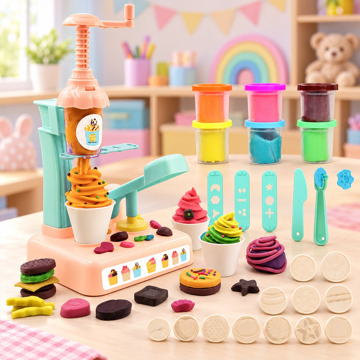 A colorful dough ice cream maker play set with various dough creations and tools on a light wooden table.
