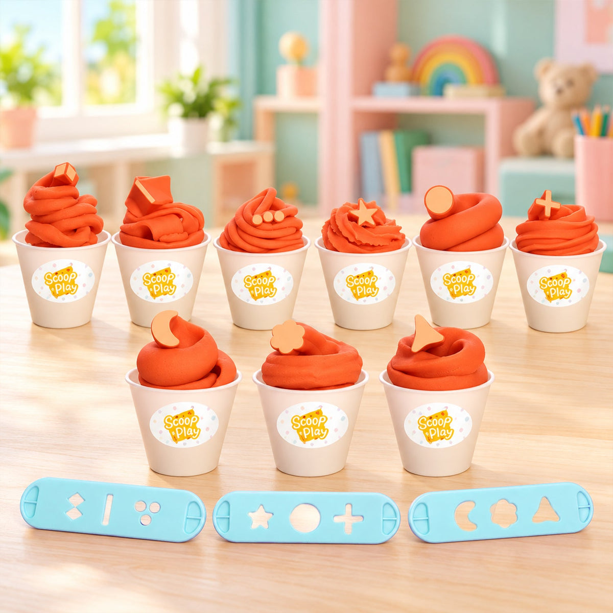 Eight small cups filled with orange dough, some with additional dough shapes, and three blue shaping rulers on a wooden