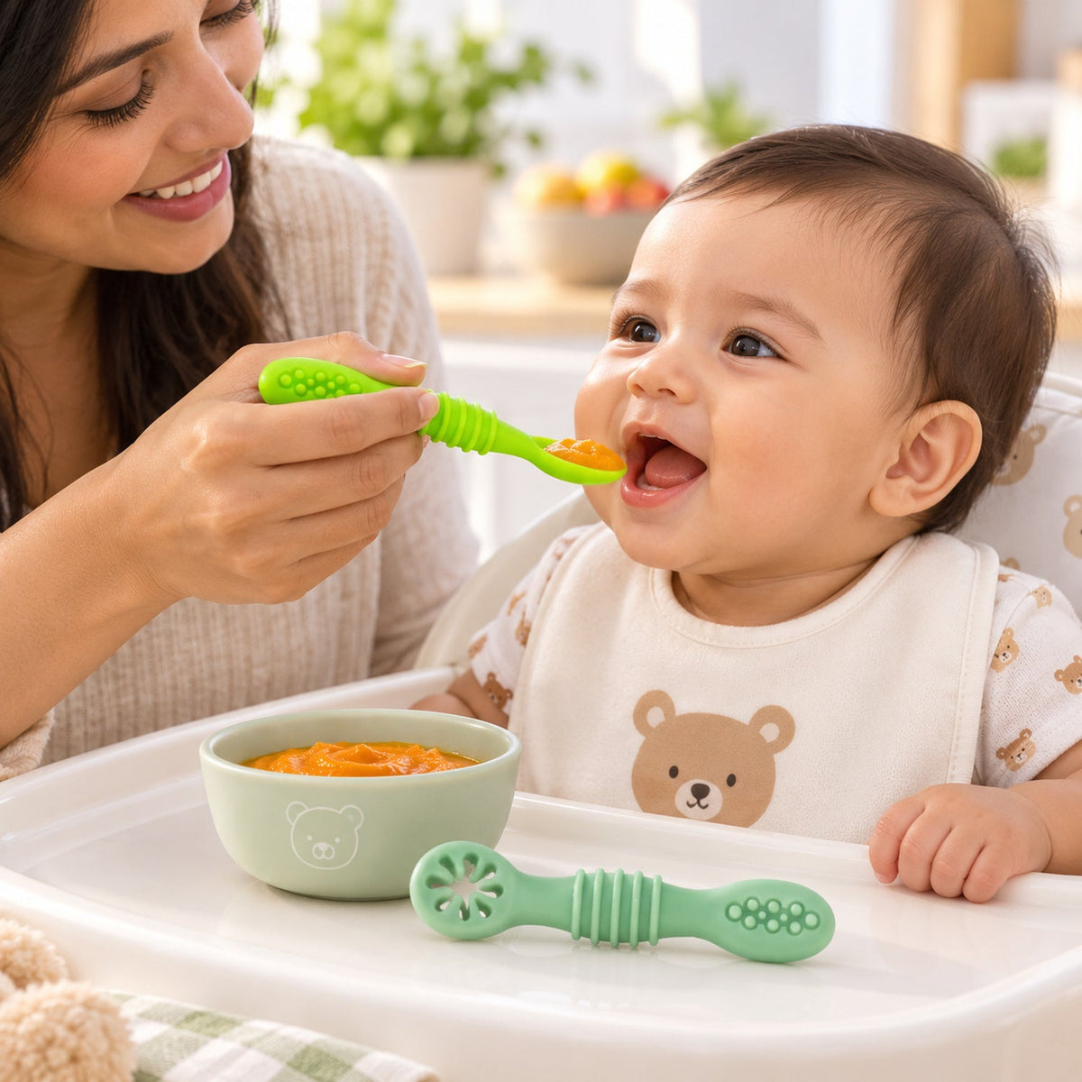 A mother feeding a happy baby pureed food with a green silicone spoon, while another spoon and a bowl sit on the high chair